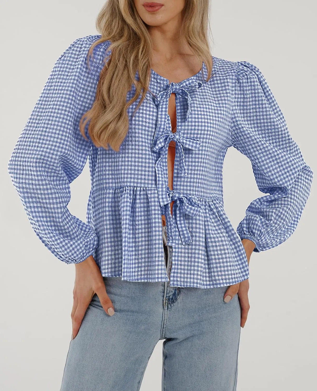 PRETTYGARDEN Women's Spring Fall Babydoll Peplum Blouse Shirt Puff Long Sleeve Bow Tie Front Trendy Cute Y2K Going Out Tops