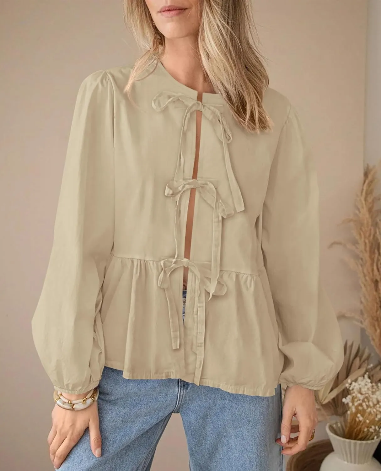 PRETTYGARDEN Women's Spring Fall Babydoll Peplum Blouse Shirt Puff Long Sleeve Bow Tie Front Trendy Cute Y2K Going Out Tops