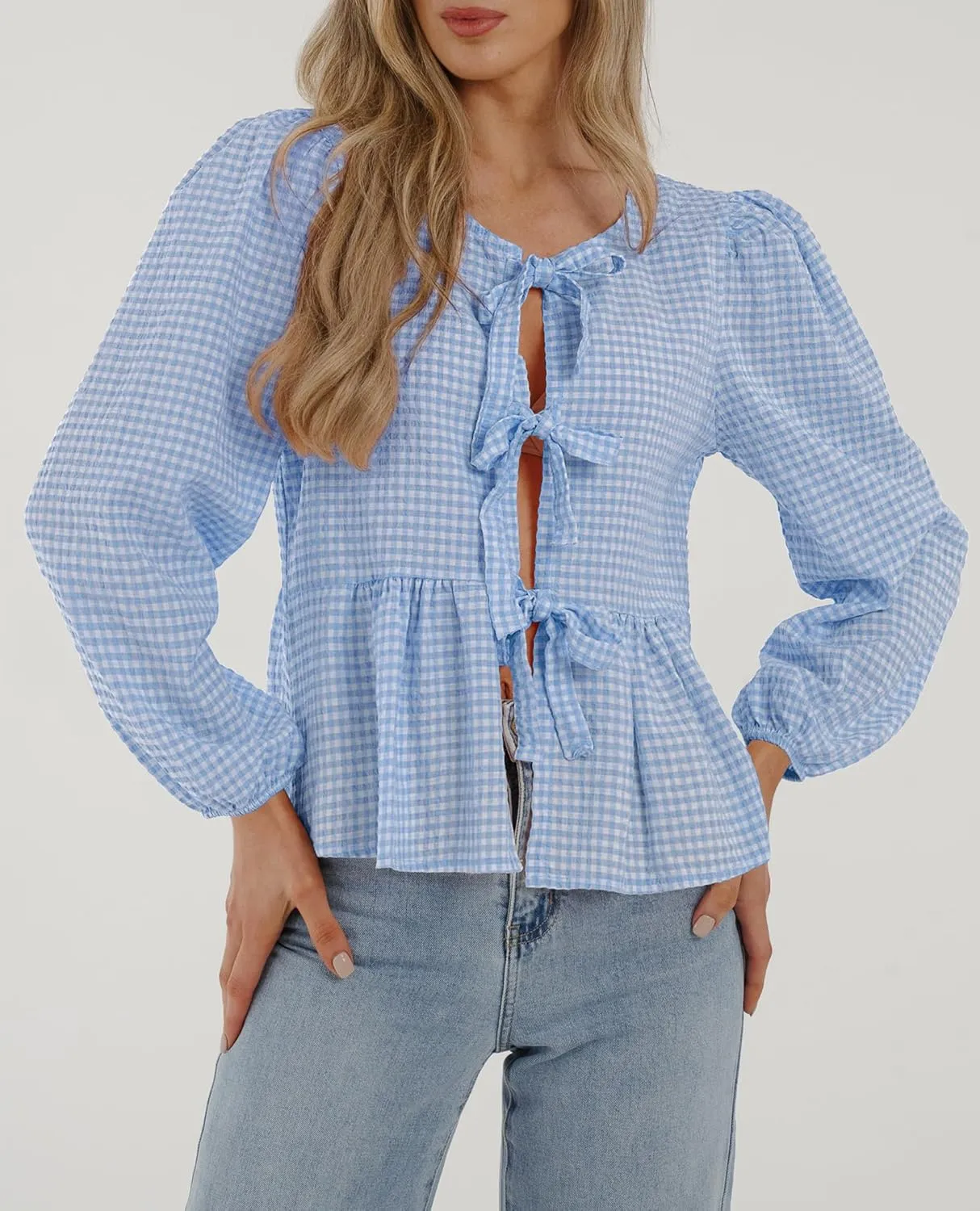 PRETTYGARDEN Women's Spring Fall Babydoll Peplum Blouse Shirt Puff Long Sleeve Bow Tie Front Trendy Cute Y2K Going Out Tops
