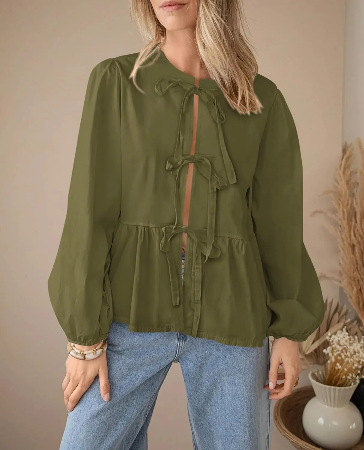 PRETTYGARDEN Women's Spring Fall Babydoll Peplum Blouse Shirt Puff Long Sleeve Bow Tie Front Trendy Cute Y2K Going Out Tops