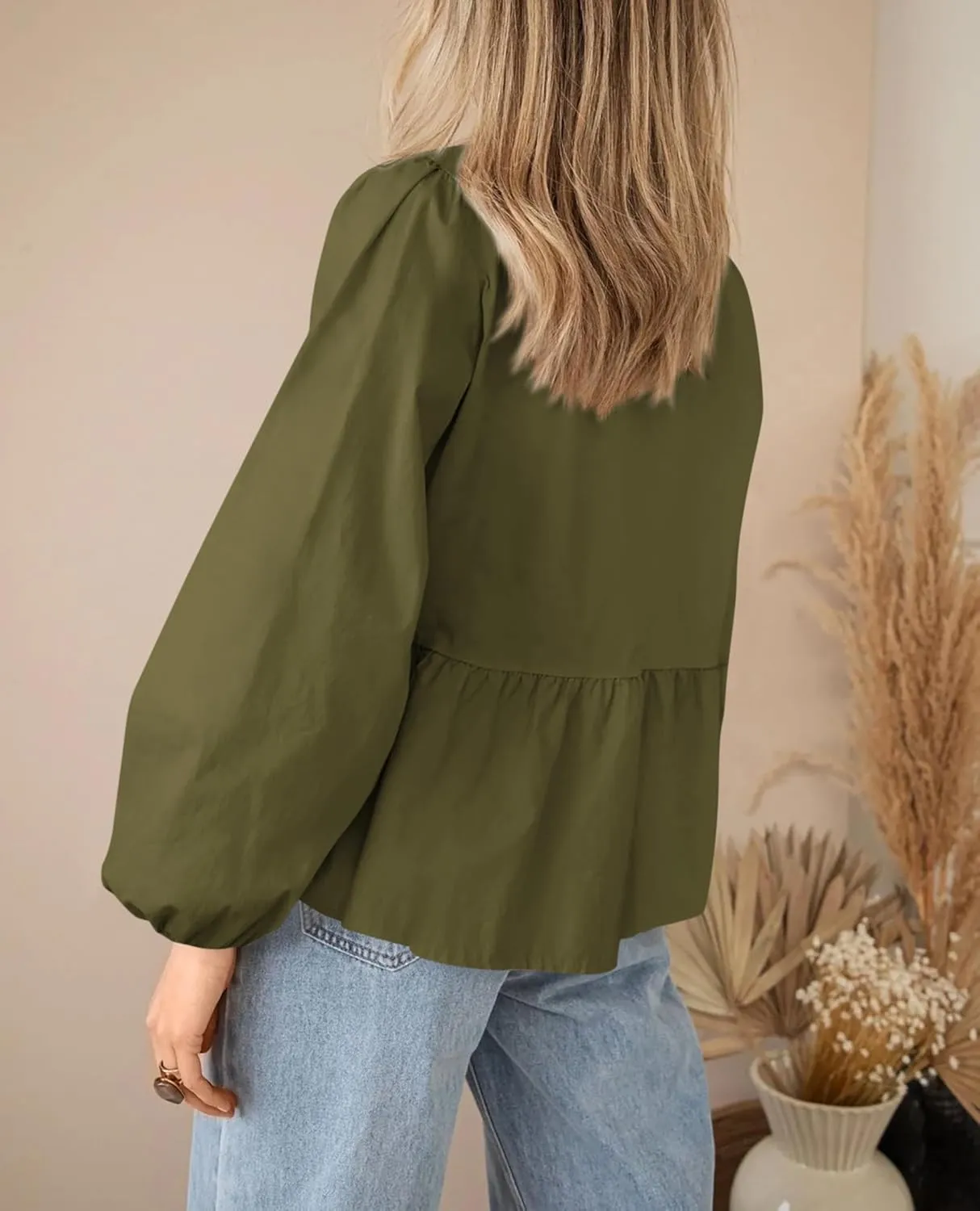 PRETTYGARDEN Women's Spring Fall Babydoll Peplum Blouse Shirt Puff Long Sleeve Bow Tie Front Trendy Cute Y2K Going Out Tops
