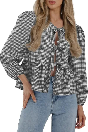 PRETTYGARDEN Women's Spring Fall Babydoll Peplum Blouse Shirt Puff Long Sleeve Bow Tie Front Trendy Cute Y2K Going Out Tops