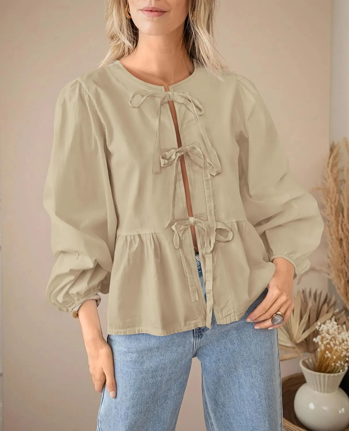 PRETTYGARDEN Women's Spring Fall Babydoll Peplum Blouse Shirt Puff Long Sleeve Bow Tie Front Trendy Cute Y2K Going Out Tops