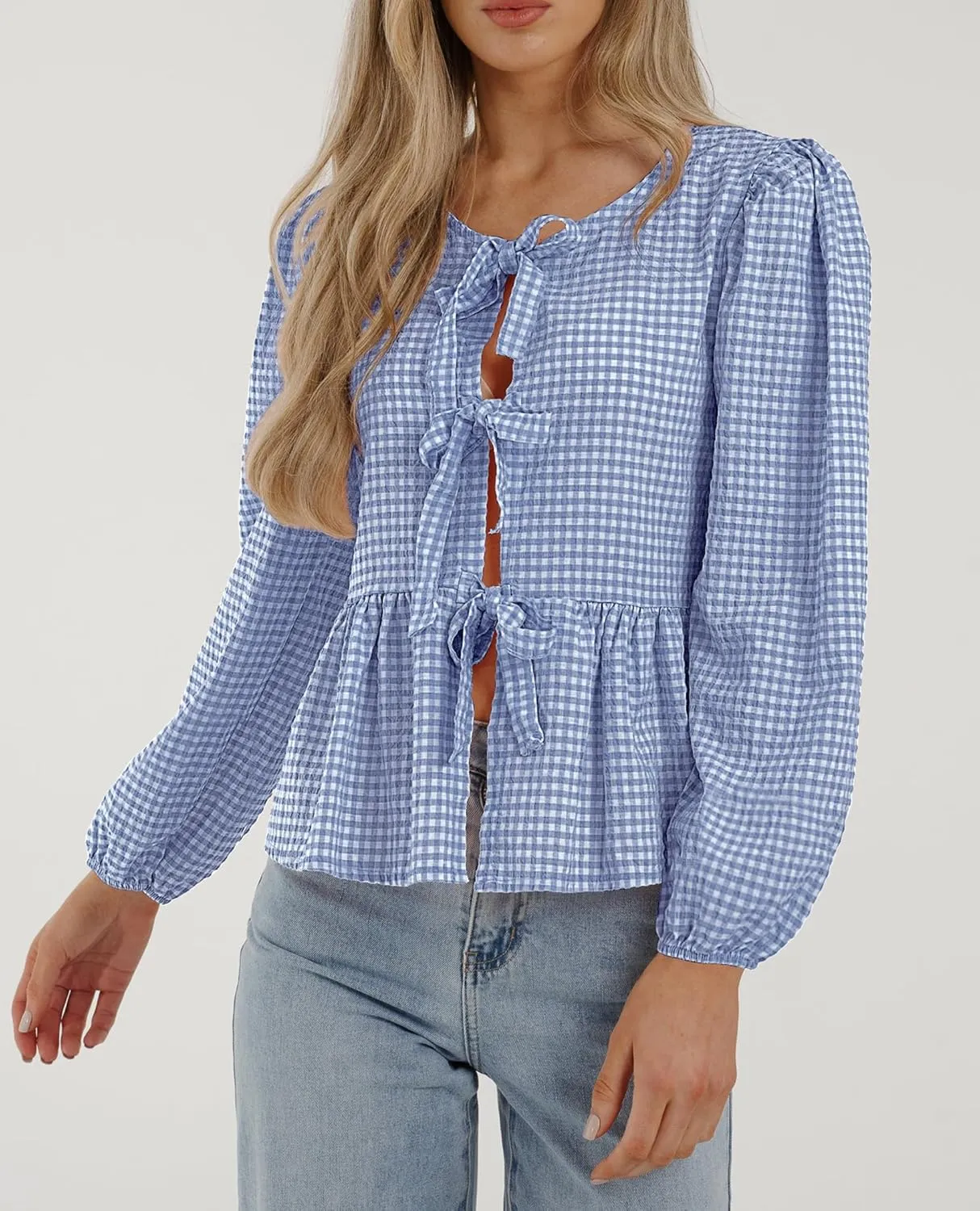 PRETTYGARDEN Women's Spring Fall Babydoll Peplum Blouse Shirt Puff Long Sleeve Bow Tie Front Trendy Cute Y2K Going Out Tops