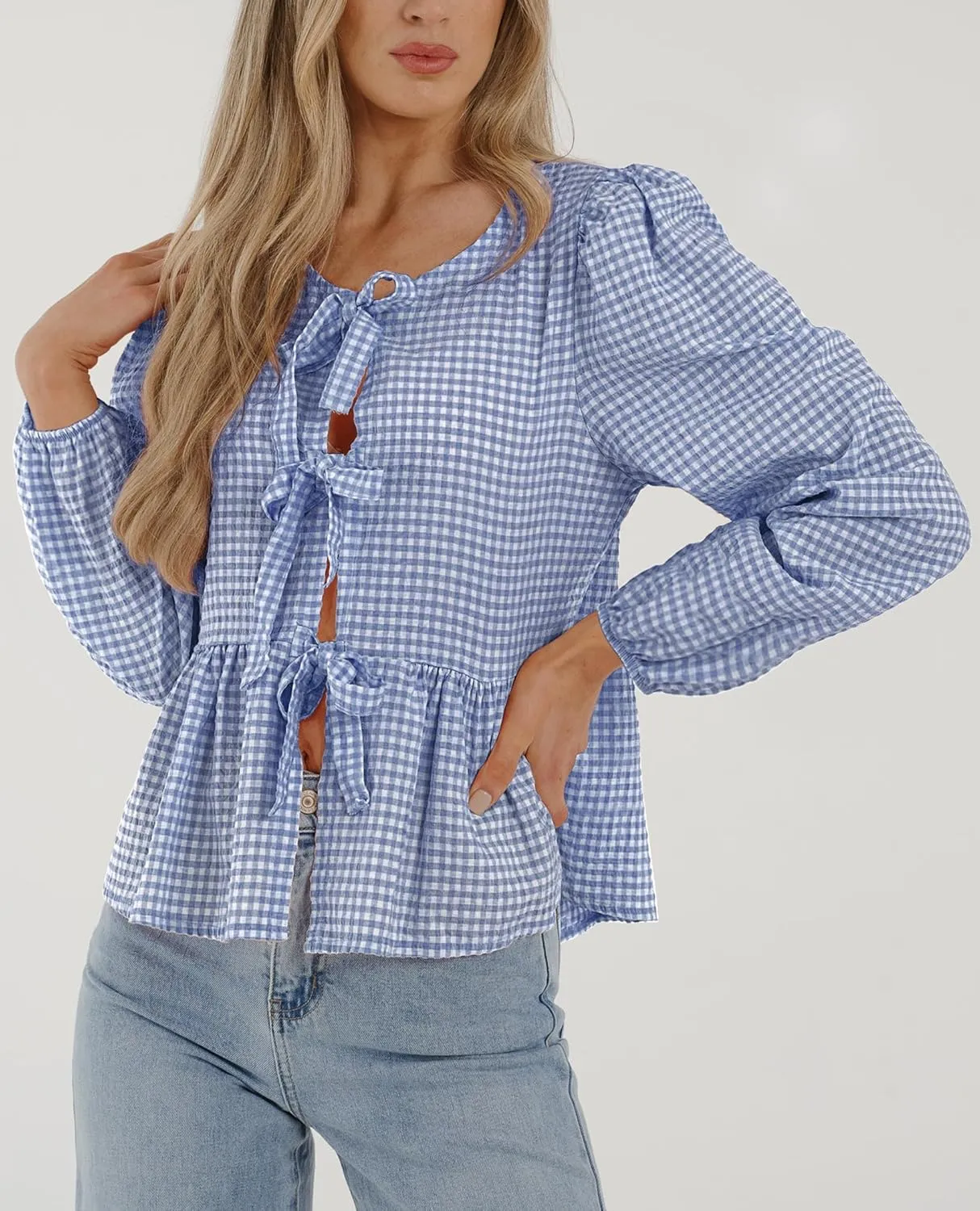 PRETTYGARDEN Women's Spring Fall Babydoll Peplum Blouse Shirt Puff Long Sleeve Bow Tie Front Trendy Cute Y2K Going Out Tops