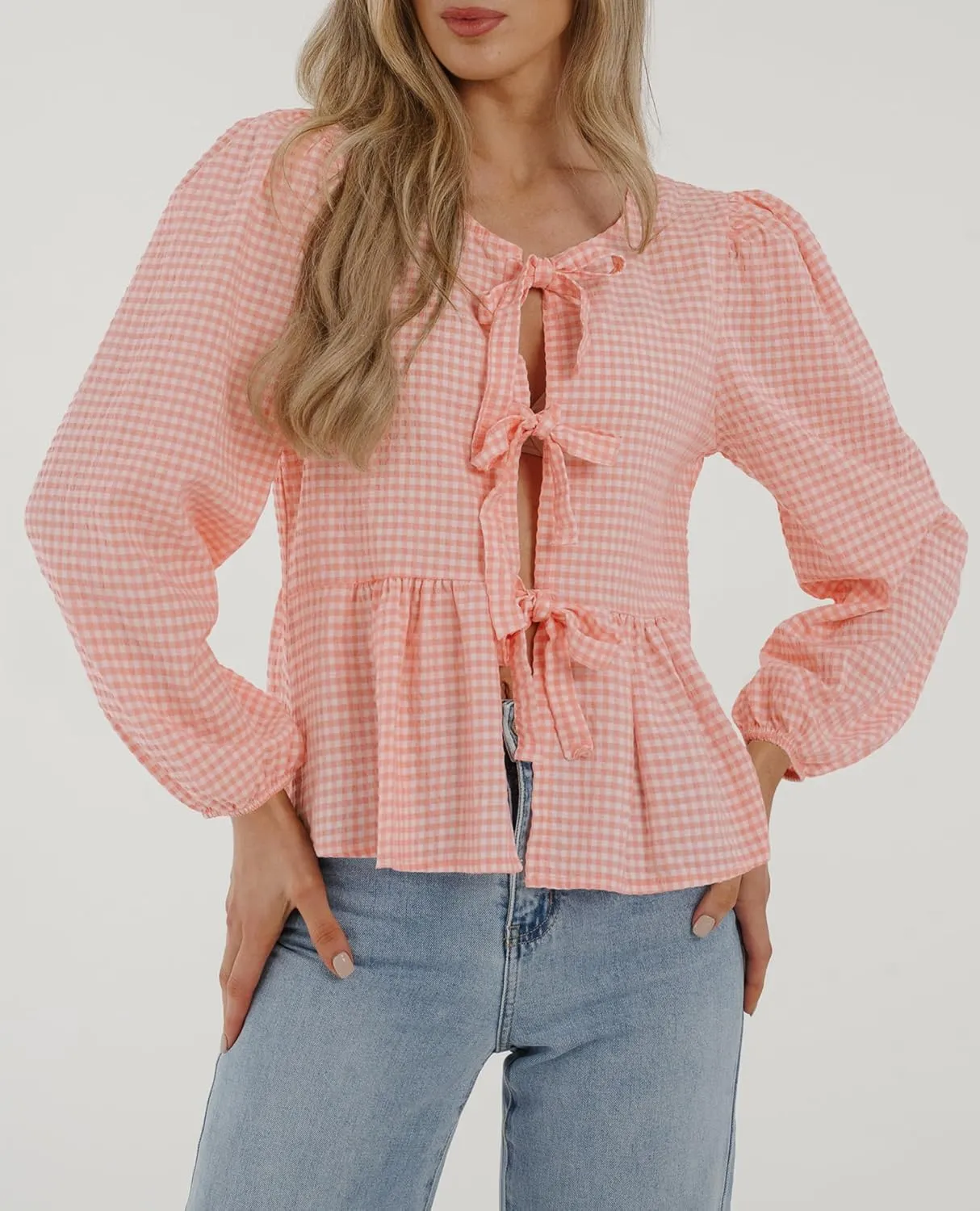 PRETTYGARDEN Women's Spring Fall Babydoll Peplum Blouse Shirt Puff Long Sleeve Bow Tie Front Trendy Cute Y2K Going Out Tops