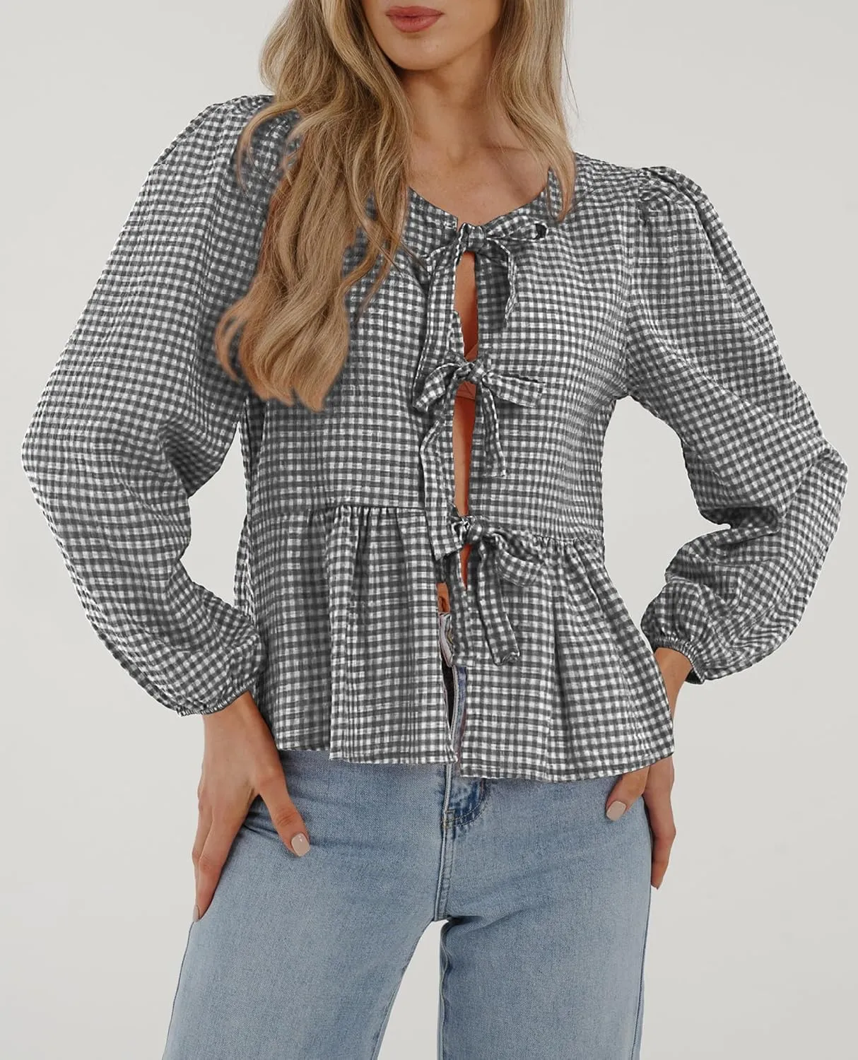 PRETTYGARDEN Women's Spring Fall Babydoll Peplum Blouse Shirt Puff Long Sleeve Bow Tie Front Trendy Cute Y2K Going Out Tops