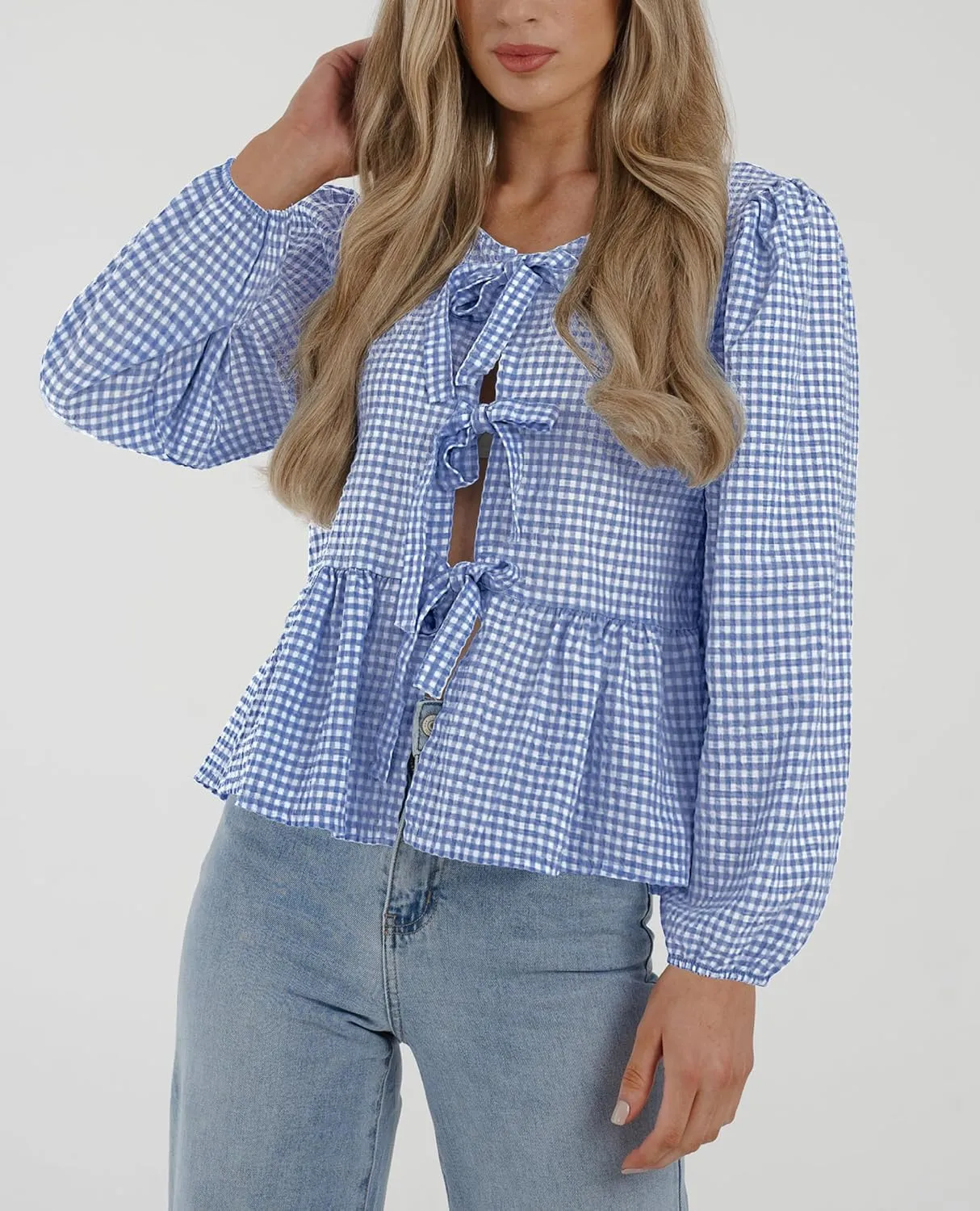 PRETTYGARDEN Women's Spring Fall Babydoll Peplum Blouse Shirt Puff Long Sleeve Bow Tie Front Trendy Cute Y2K Going Out Tops