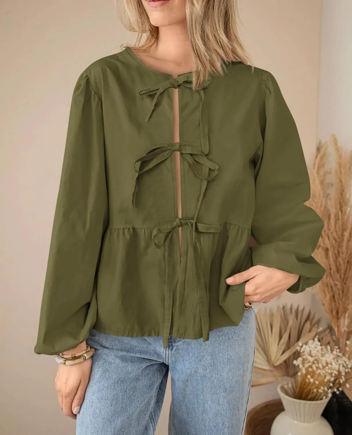 PRETTYGARDEN Women's Spring Fall Babydoll Peplum Blouse Shirt Puff Long Sleeve Bow Tie Front Trendy Cute Y2K Going Out Tops