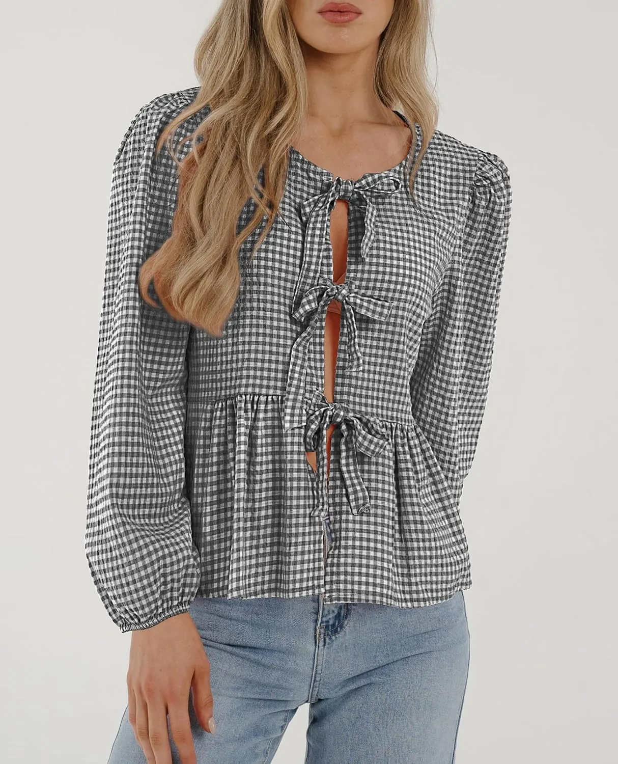 PRETTYGARDEN Women's Spring Fall Babydoll Peplum Blouse Shirt Puff Long Sleeve Bow Tie Front Trendy Cute Y2K Going Out Tops