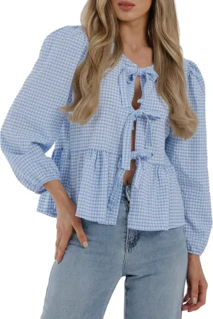 PRETTYGARDEN Women's Spring Fall Babydoll Peplum Blouse Shirt Puff Long Sleeve Bow Tie Front Trendy Cute Y2K Going Out Tops