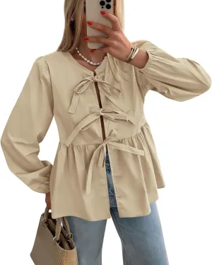 PRETTYGARDEN Women's Spring Fall Babydoll Peplum Blouse Shirt Puff Long Sleeve Bow Tie Front Trendy Cute Y2K Going Out Tops