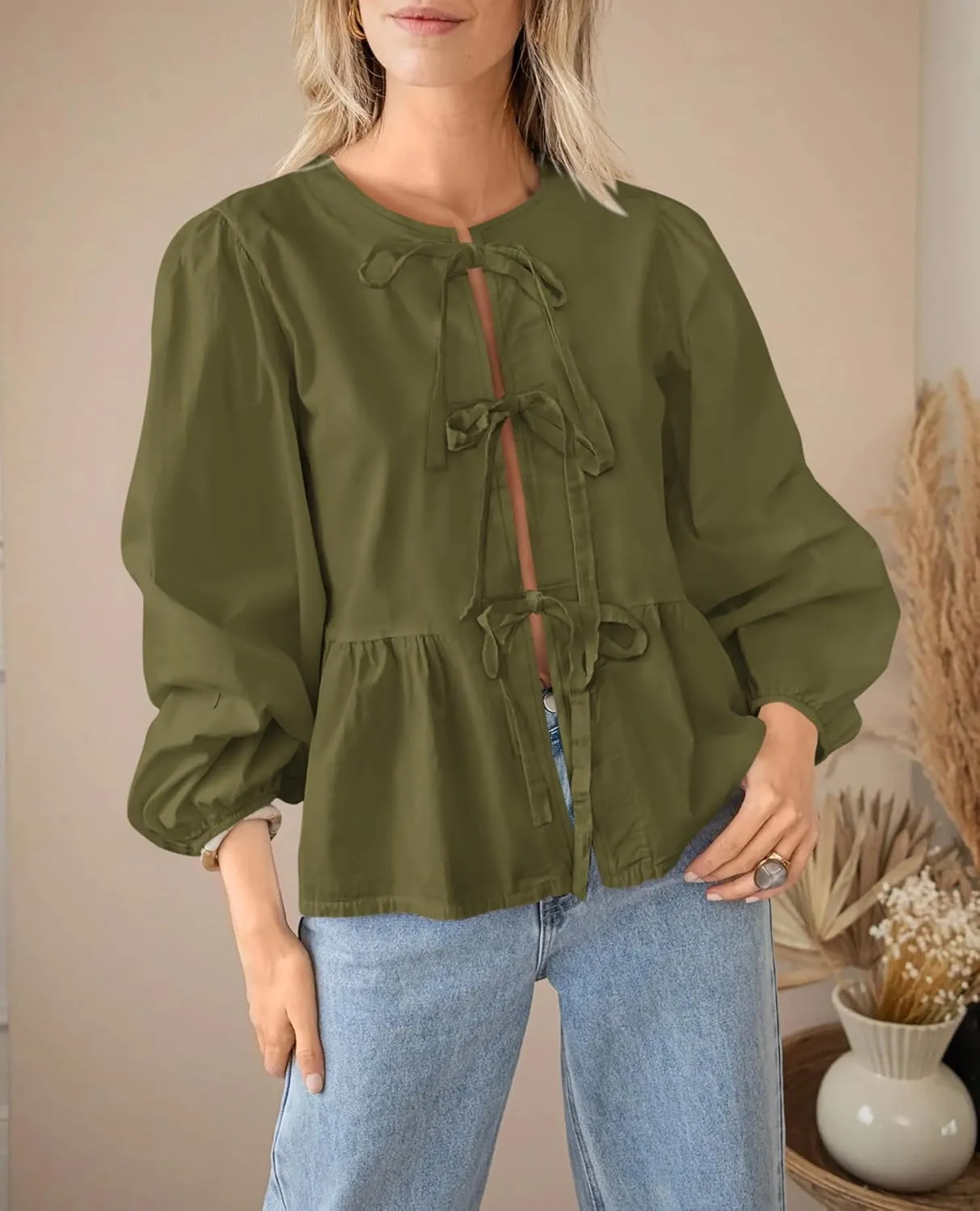 PRETTYGARDEN Women's Spring Fall Babydoll Peplum Blouse Shirt Puff Long Sleeve Bow Tie Front Trendy Cute Y2K Going Out Tops