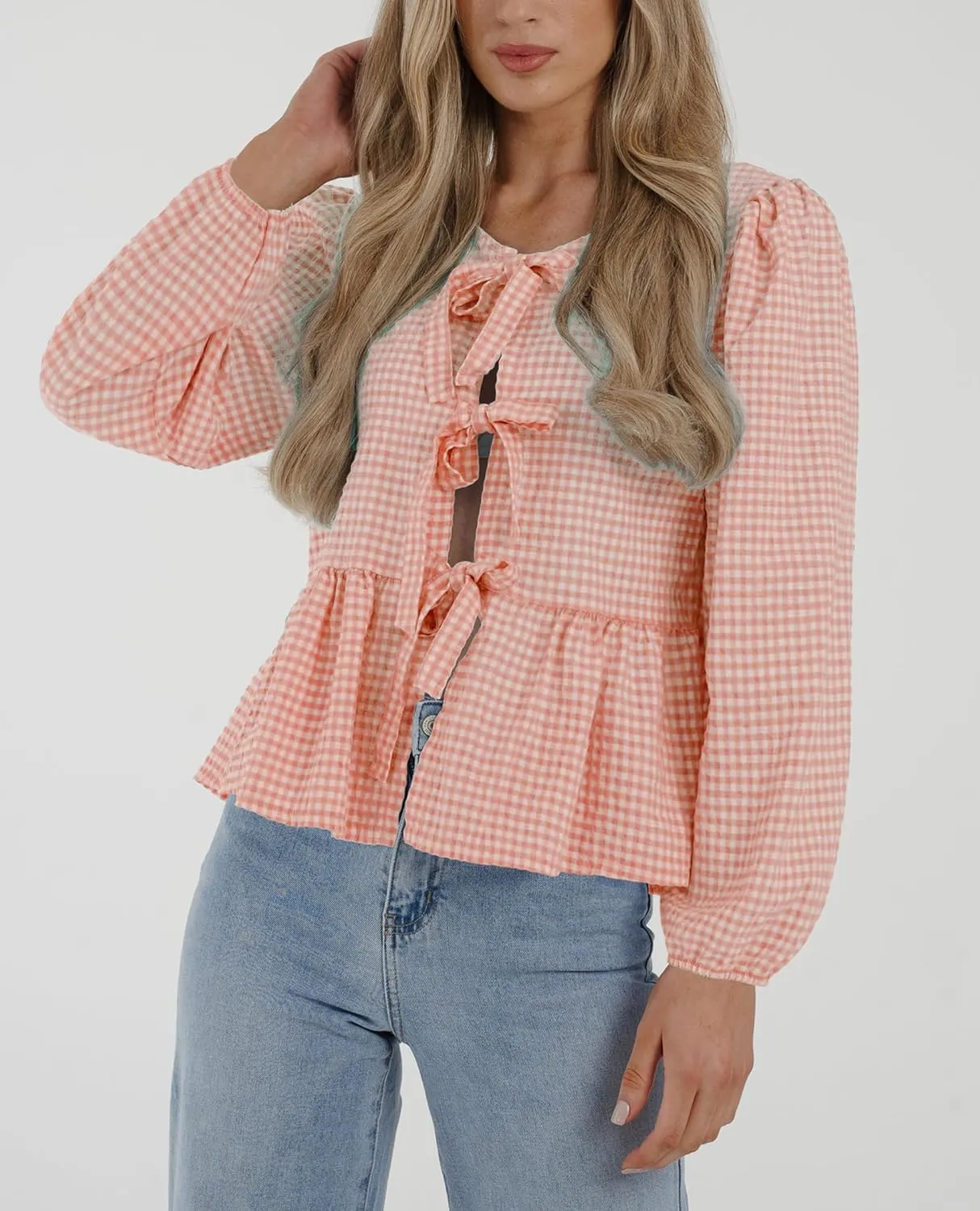 PRETTYGARDEN Women's Spring Fall Babydoll Peplum Blouse Shirt Puff Long Sleeve Bow Tie Front Trendy Cute Y2K Going Out Tops