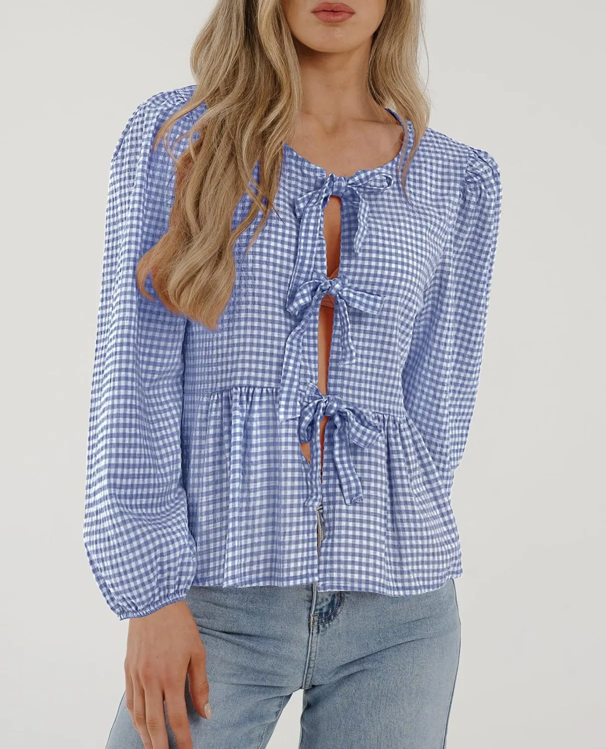 PRETTYGARDEN Women's Spring Fall Babydoll Peplum Blouse Shirt Puff Long Sleeve Bow Tie Front Trendy Cute Y2K Going Out Tops