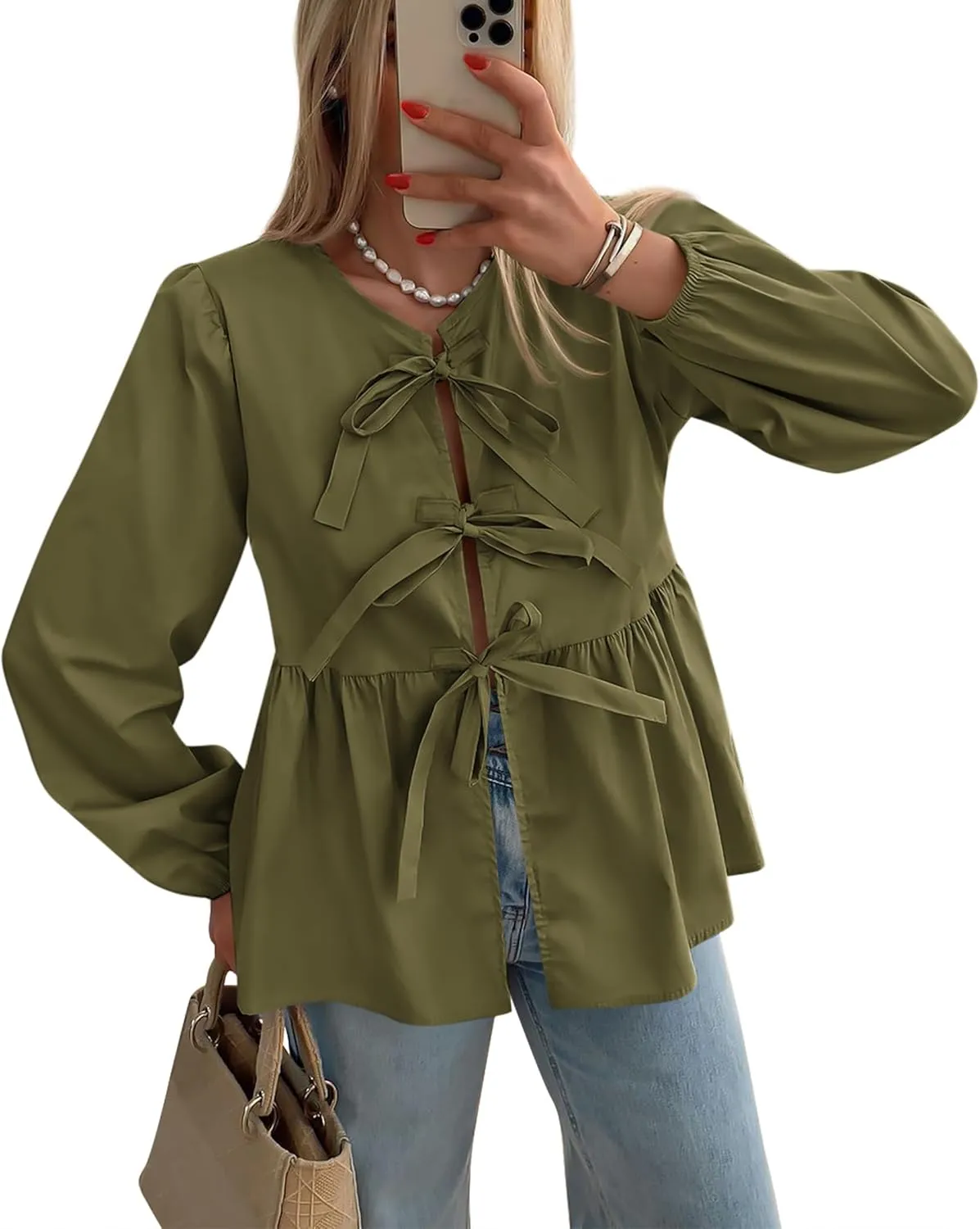 PRETTYGARDEN Women's Spring Fall Babydoll Peplum Blouse Shirt Puff Long Sleeve Bow Tie Front Trendy Cute Y2K Going Out Tops