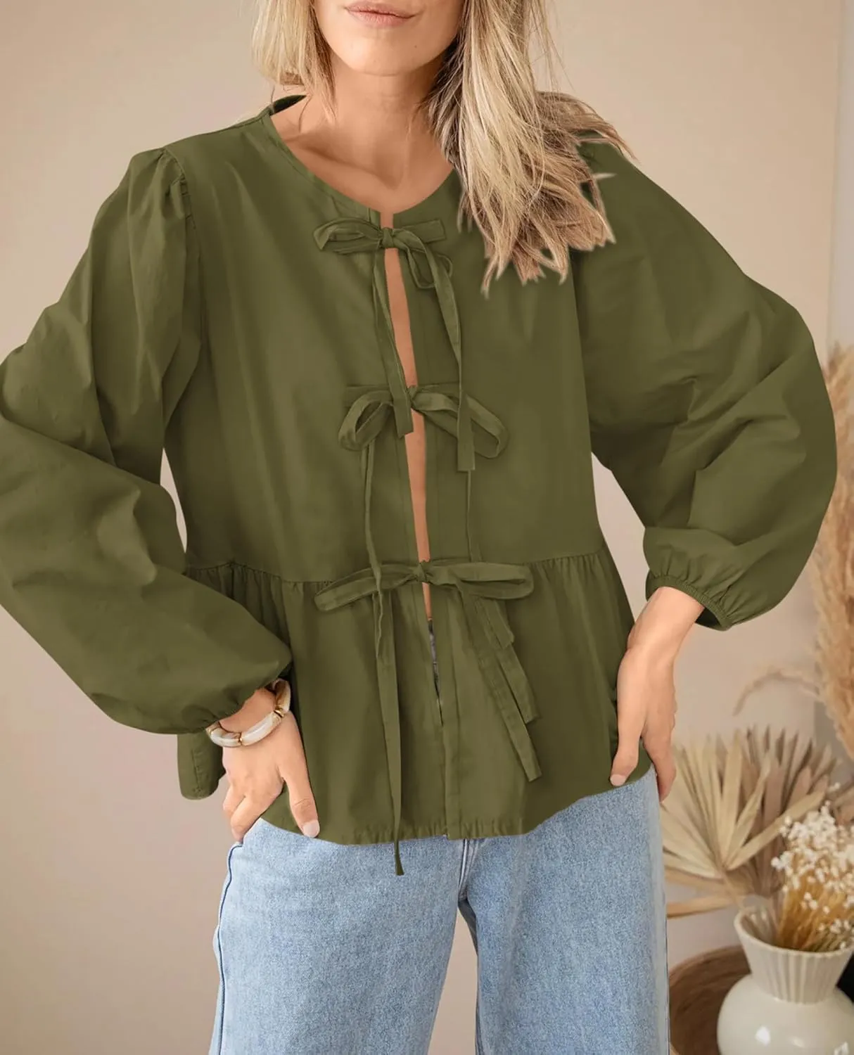 PRETTYGARDEN Women's Spring Fall Babydoll Peplum Blouse Shirt Puff Long Sleeve Bow Tie Front Trendy Cute Y2K Going Out Tops