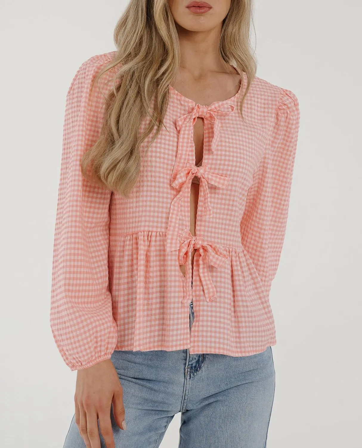 PRETTYGARDEN Women's Spring Fall Babydoll Peplum Blouse Shirt Puff Long Sleeve Bow Tie Front Trendy Cute Y2K Going Out Tops