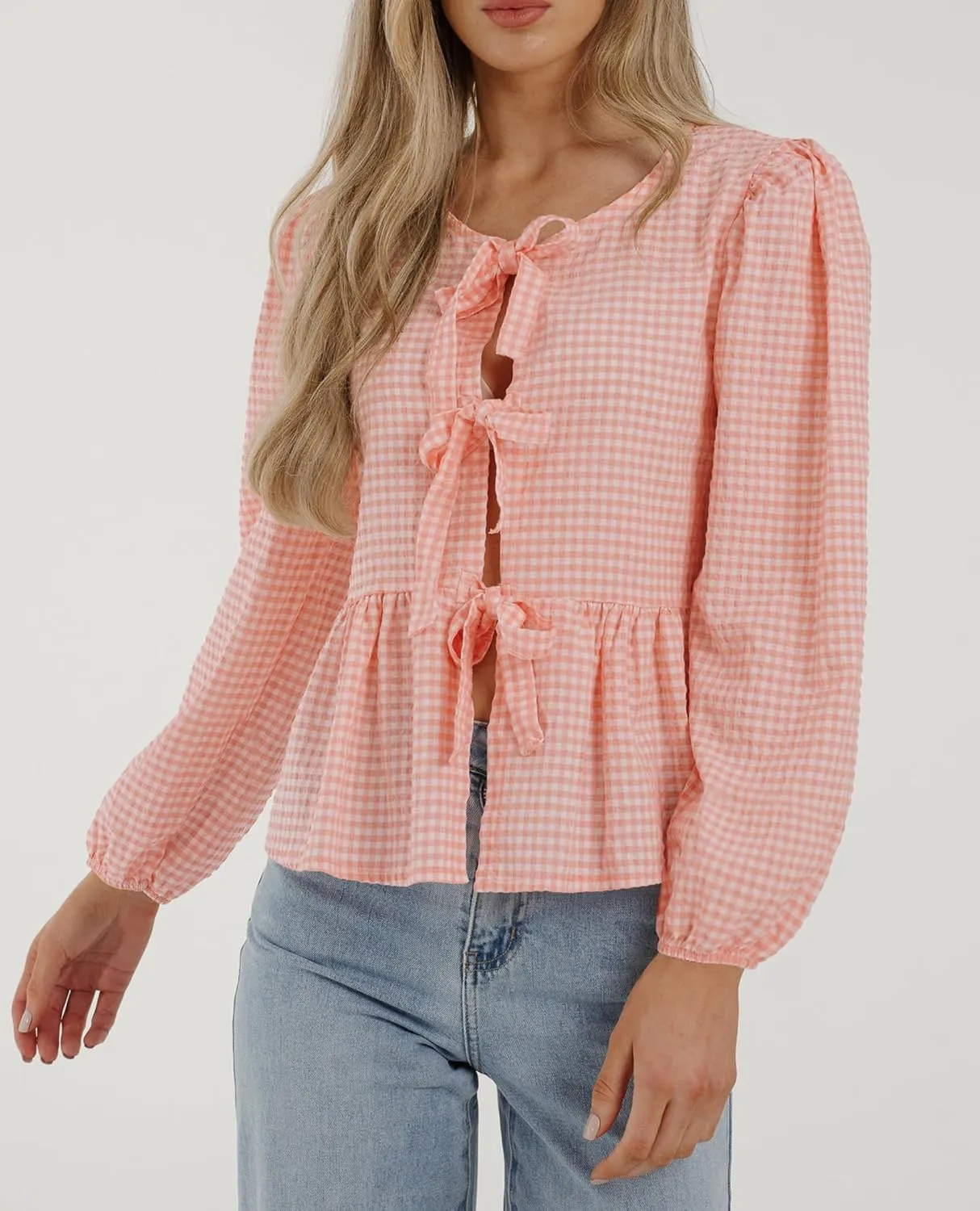 PRETTYGARDEN Women's Spring Fall Babydoll Peplum Blouse Shirt Puff Long Sleeve Bow Tie Front Trendy Cute Y2K Going Out Tops