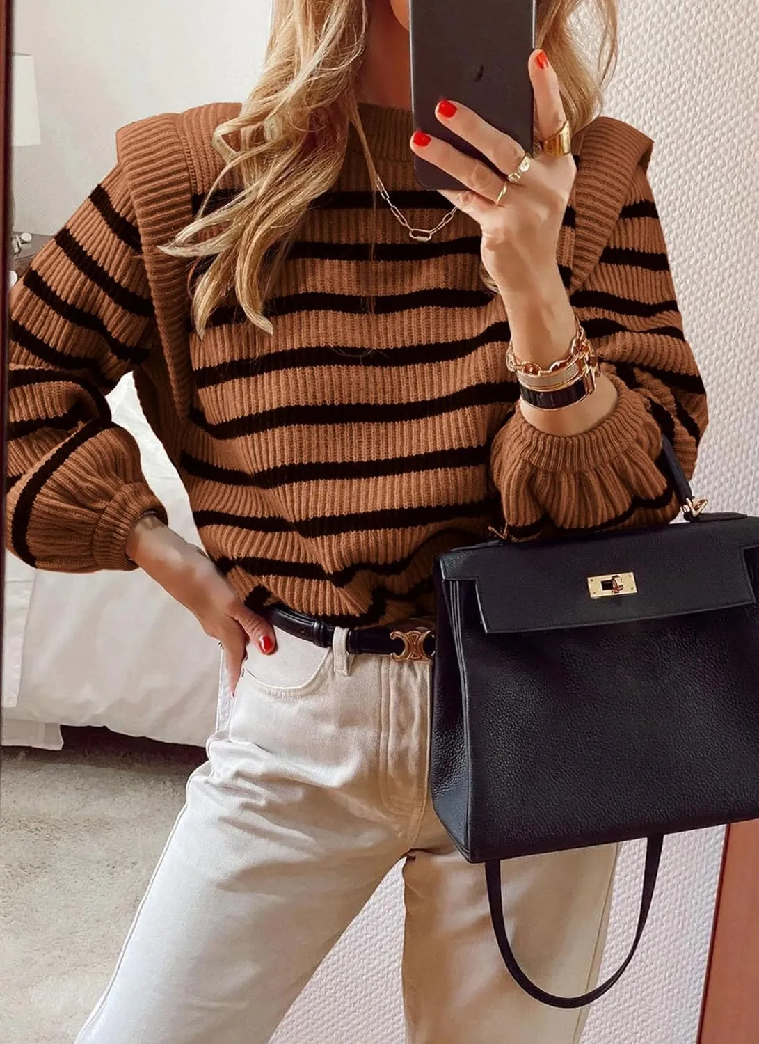 PRETTYGARDEN Women's Sweaters Casual Long Lantern Sleeve Crewneck Ribbed Knit Pullover Striped Jumper Tops Blouse