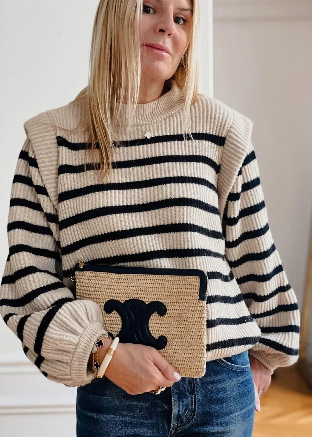 PRETTYGARDEN Women's Sweaters Casual Long Lantern Sleeve Crewneck Ribbed Knit Pullover Striped Jumper Tops Blouse