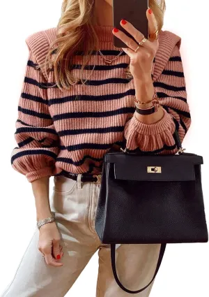 PRETTYGARDEN Women's Sweaters Casual Long Lantern Sleeve Crewneck Ribbed Knit Pullover Striped Jumper Tops Blouse