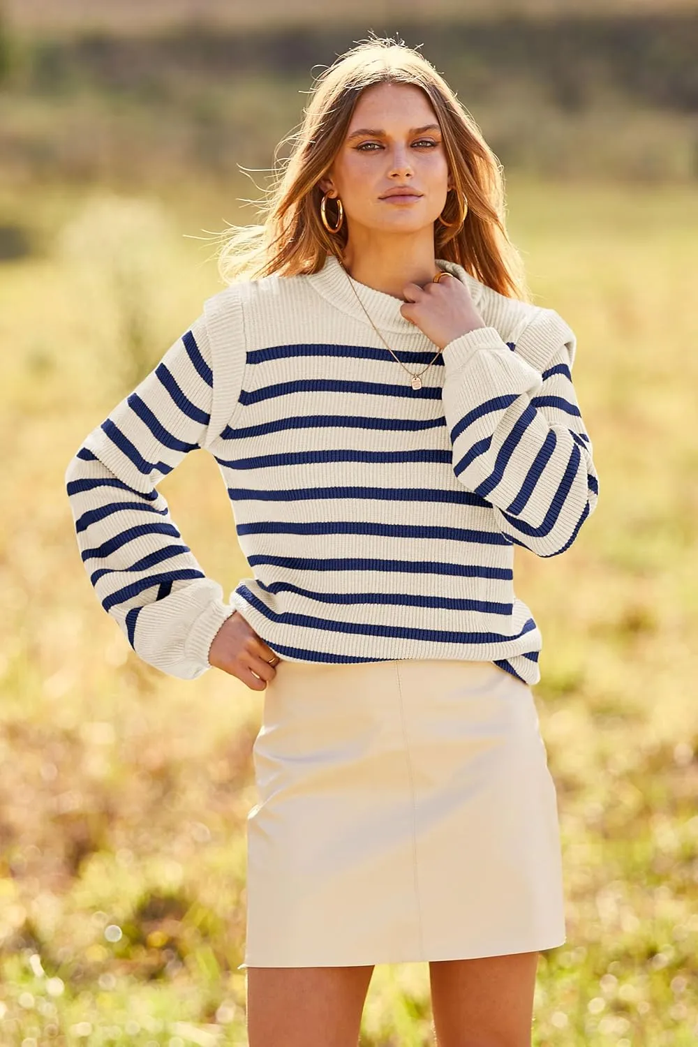 PRETTYGARDEN Women's Sweaters Casual Long Lantern Sleeve Crewneck Ribbed Knit Pullover Striped Jumper Tops Blouse