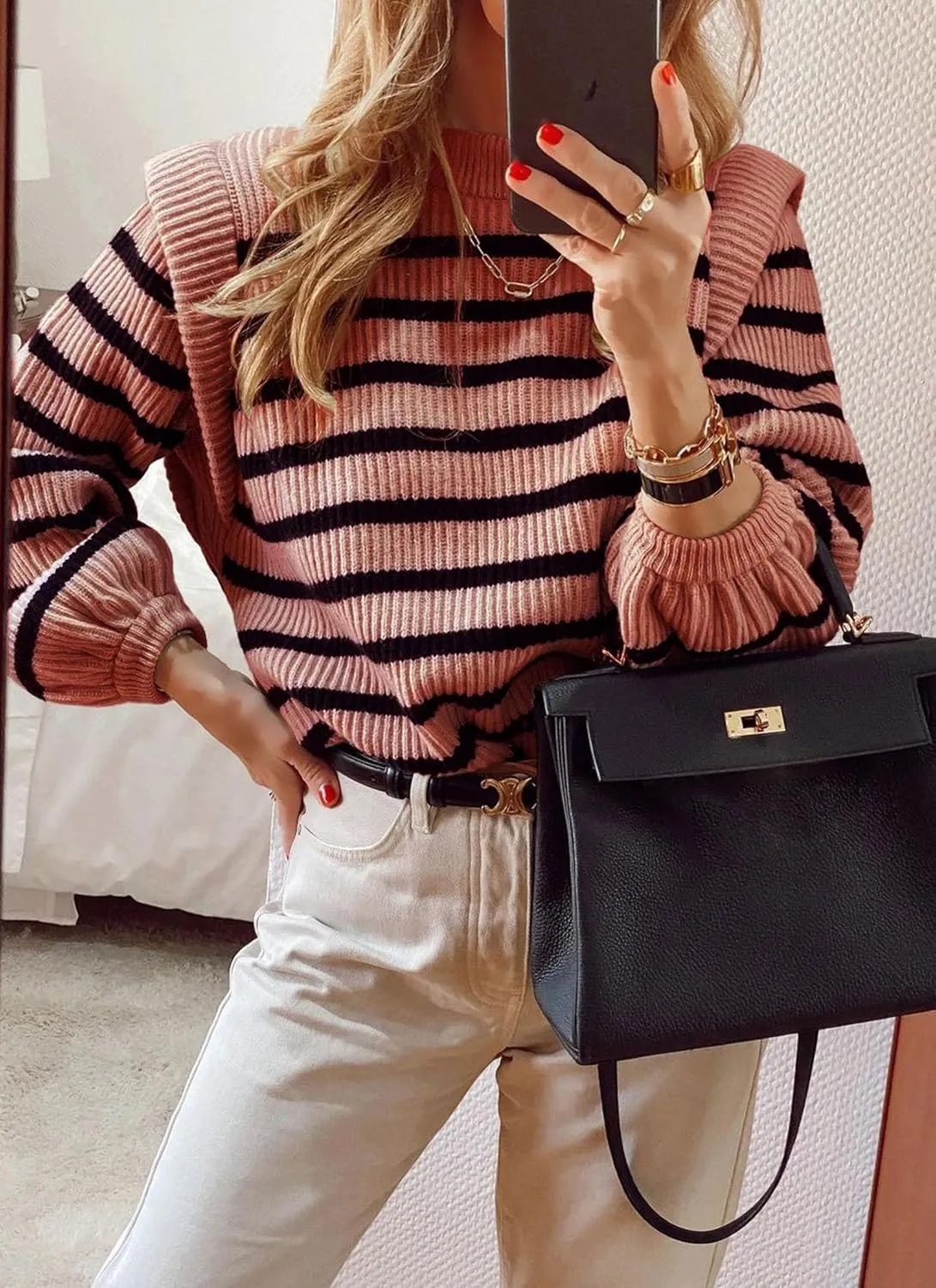 PRETTYGARDEN Women's Sweaters Casual Long Lantern Sleeve Crewneck Ribbed Knit Pullover Striped Jumper Tops Blouse