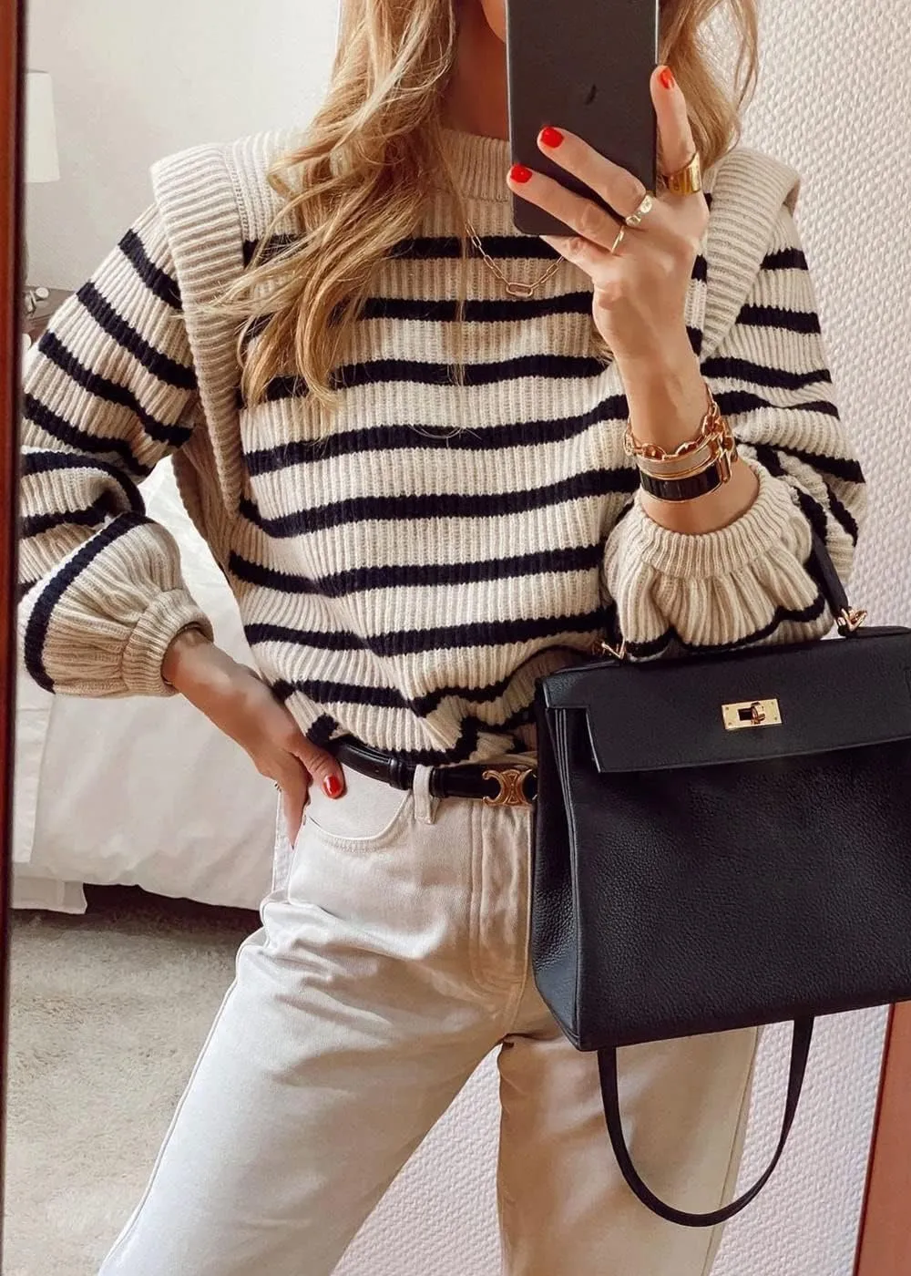 PRETTYGARDEN Women's Sweaters Casual Long Lantern Sleeve Crewneck Ribbed Knit Pullover Striped Jumper Tops Blouse