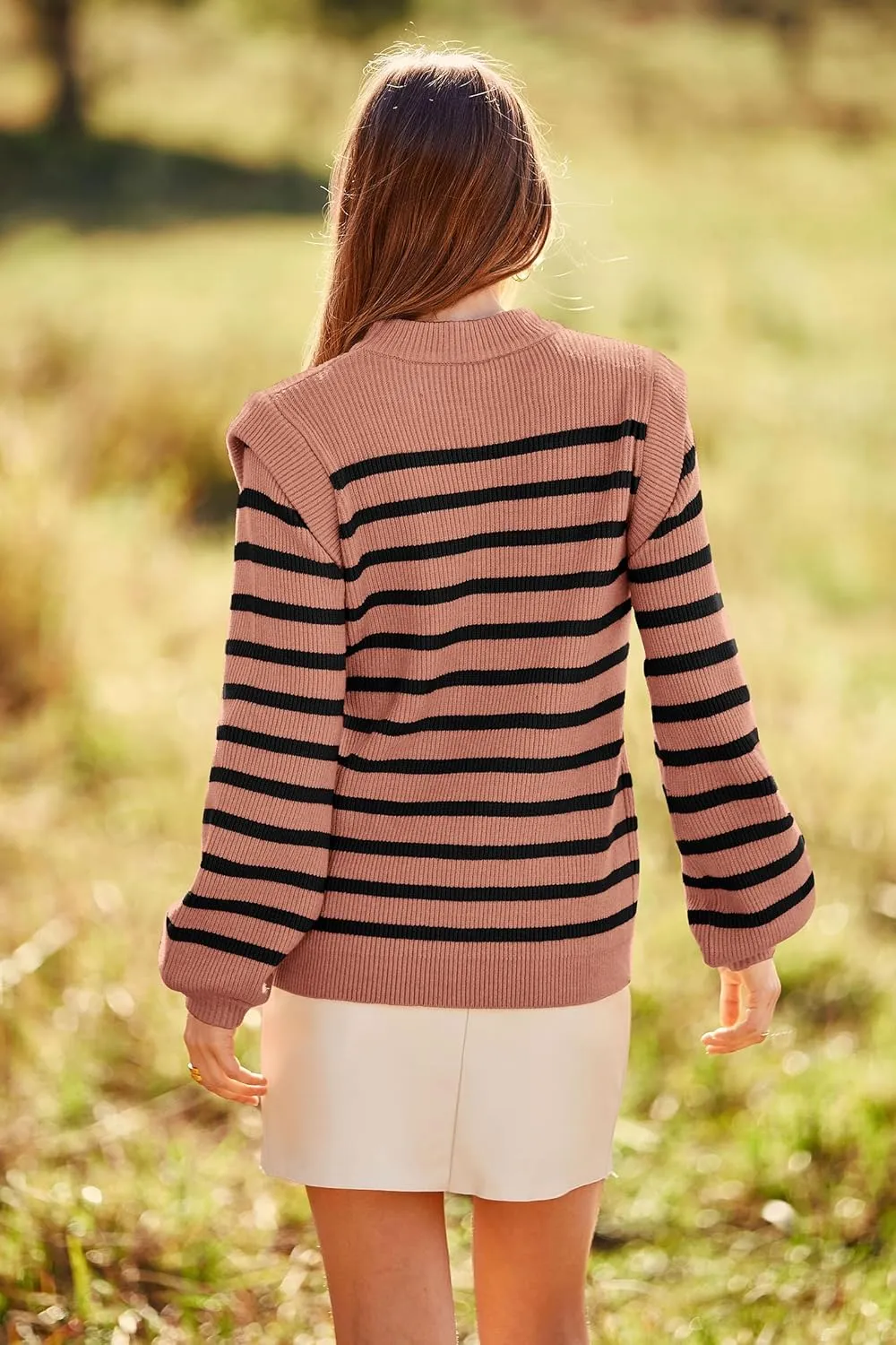 PRETTYGARDEN Women's Sweaters Casual Long Lantern Sleeve Crewneck Ribbed Knit Pullover Striped Jumper Tops Blouse