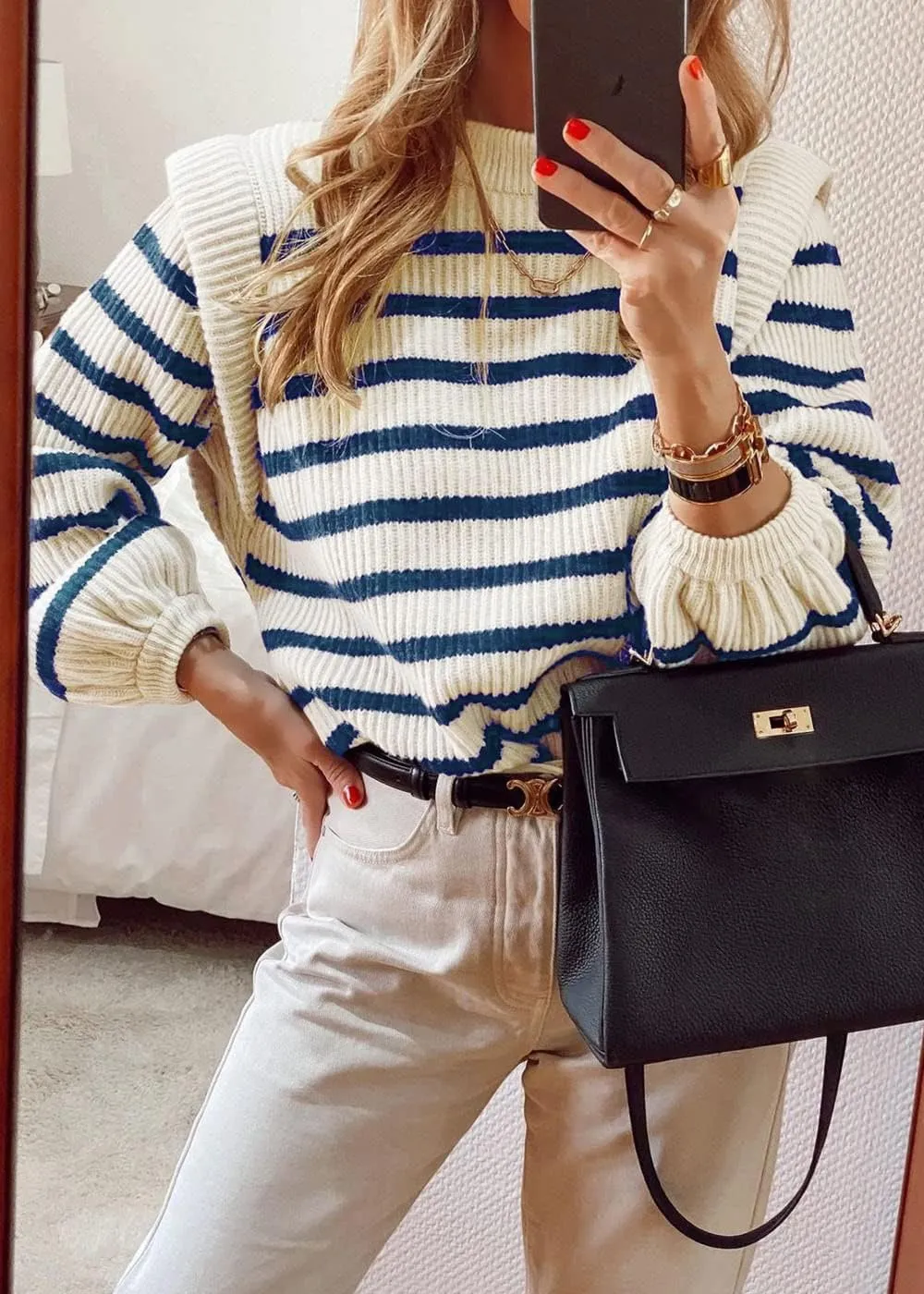 PRETTYGARDEN Women's Sweaters Casual Long Lantern Sleeve Crewneck Ribbed Knit Pullover Striped Jumper Tops Blouse