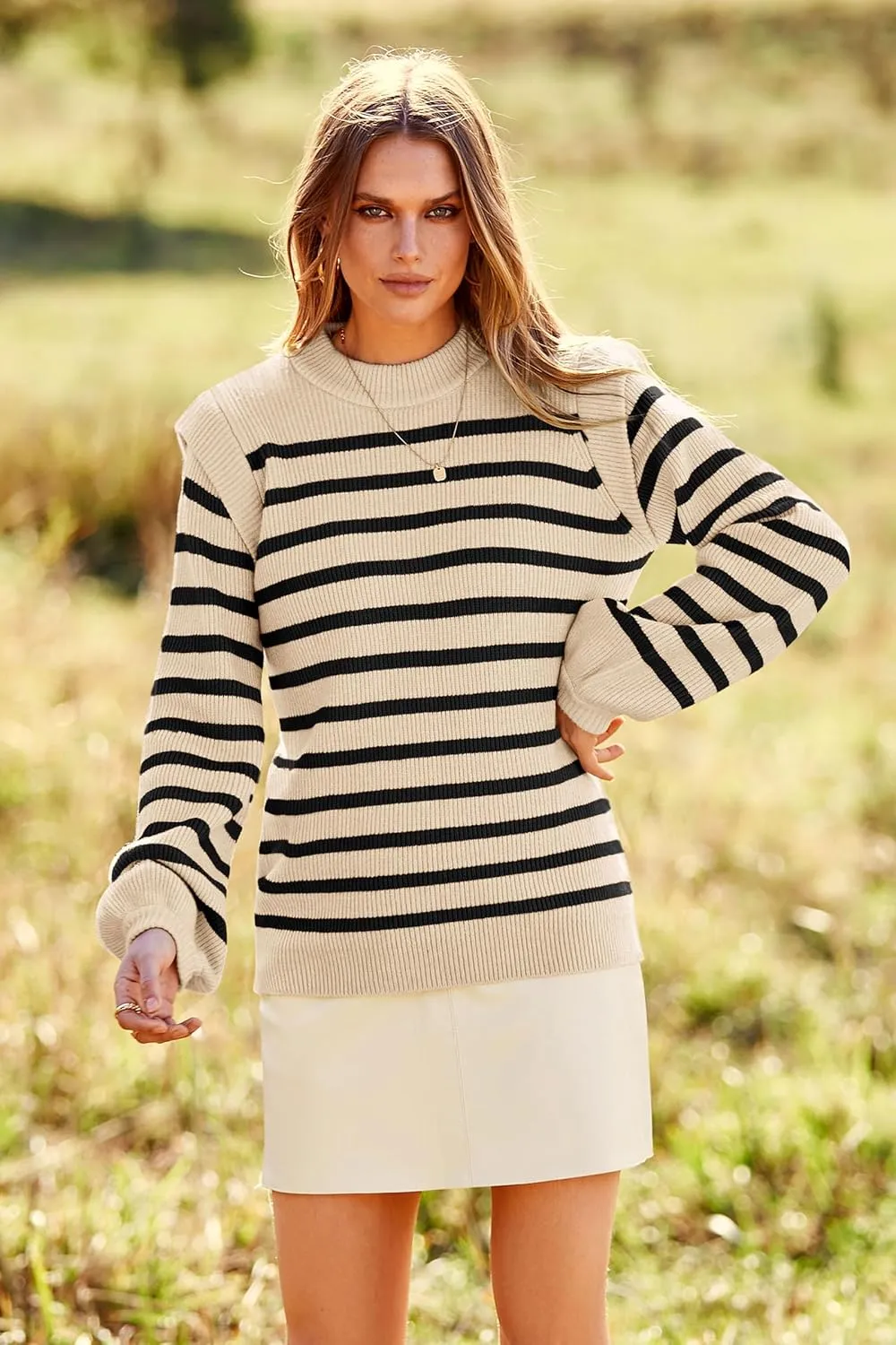 PRETTYGARDEN Women's Sweaters Casual Long Lantern Sleeve Crewneck Ribbed Knit Pullover Striped Jumper Tops Blouse