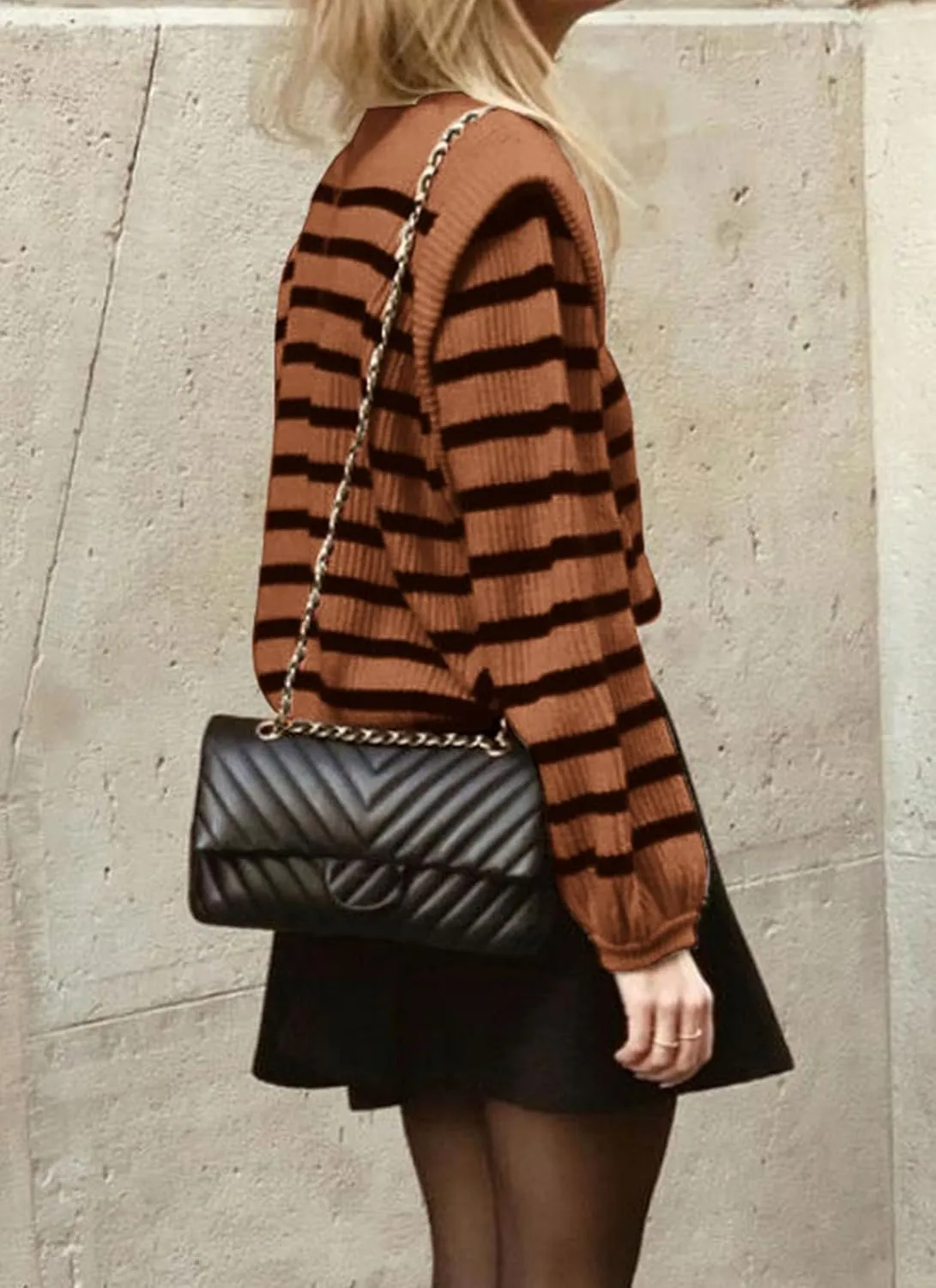 PRETTYGARDEN Women's Sweaters Casual Long Lantern Sleeve Crewneck Ribbed Knit Pullover Striped Jumper Tops Blouse