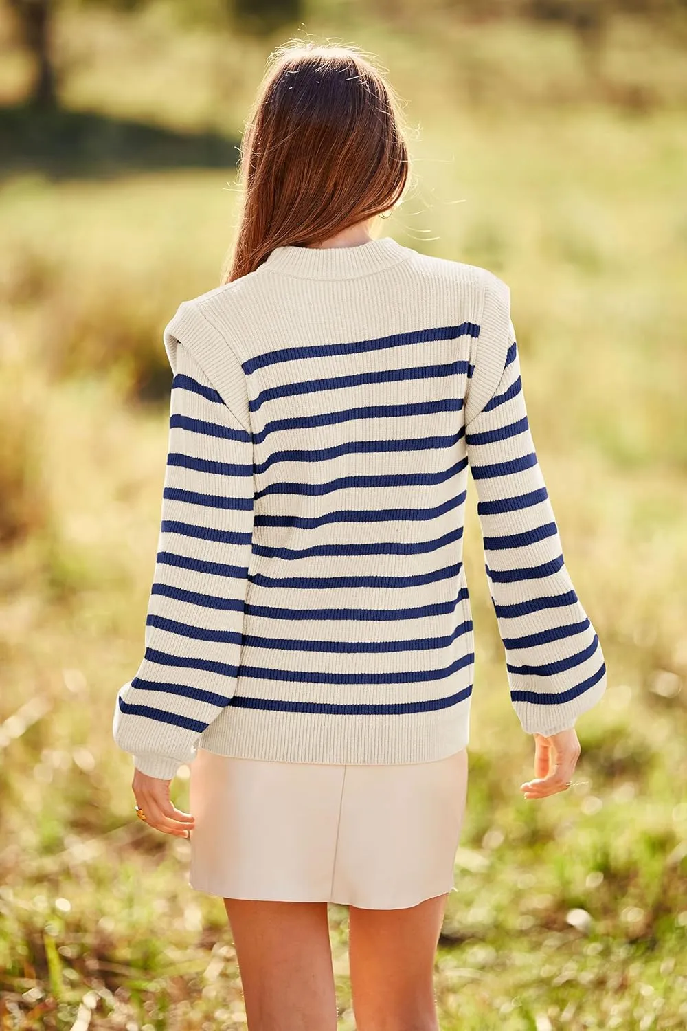 PRETTYGARDEN Women's Sweaters Casual Long Lantern Sleeve Crewneck Ribbed Knit Pullover Striped Jumper Tops Blouse