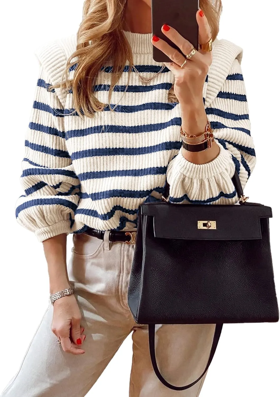 PRETTYGARDEN Women's Sweaters Casual Long Lantern Sleeve Crewneck Ribbed Knit Pullover Striped Jumper Tops Blouse