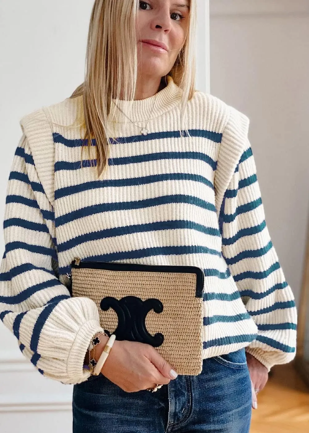 PRETTYGARDEN Women's Sweaters Casual Long Lantern Sleeve Crewneck Ribbed Knit Pullover Striped Jumper Tops Blouse
