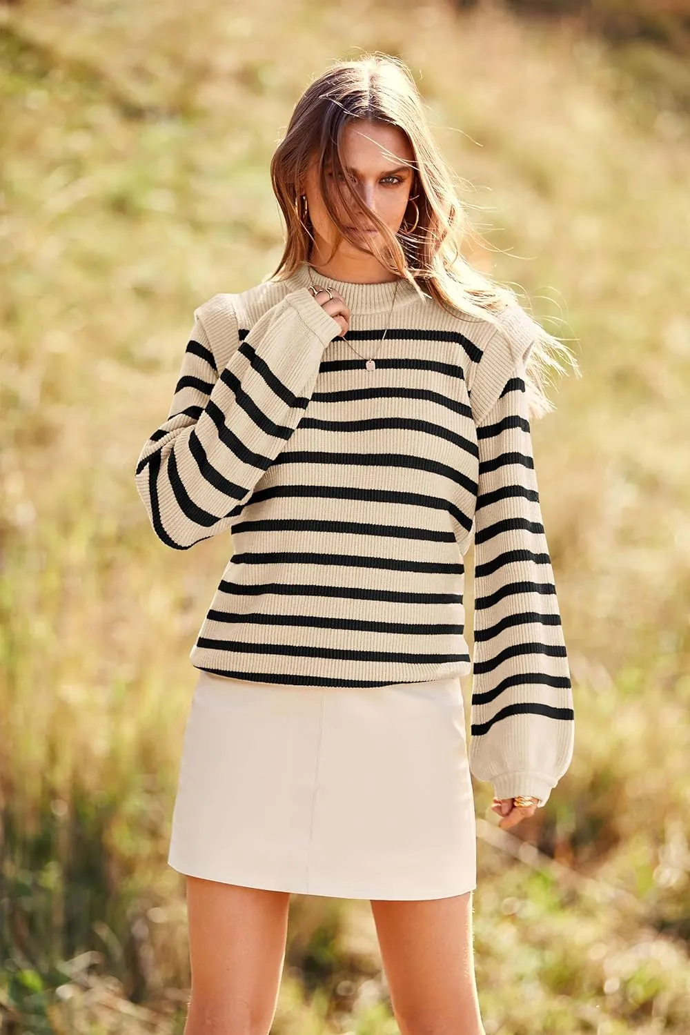 PRETTYGARDEN Women's Sweaters Casual Long Lantern Sleeve Crewneck Ribbed Knit Pullover Striped Jumper Tops Blouse