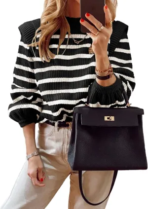 PRETTYGARDEN Women's Sweaters Casual Long Lantern Sleeve Crewneck Ribbed Knit Pullover Striped Jumper Tops Blouse