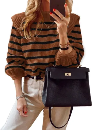 PRETTYGARDEN Women's Sweaters Casual Long Lantern Sleeve Crewneck Ribbed Knit Pullover Striped Jumper Tops Blouse