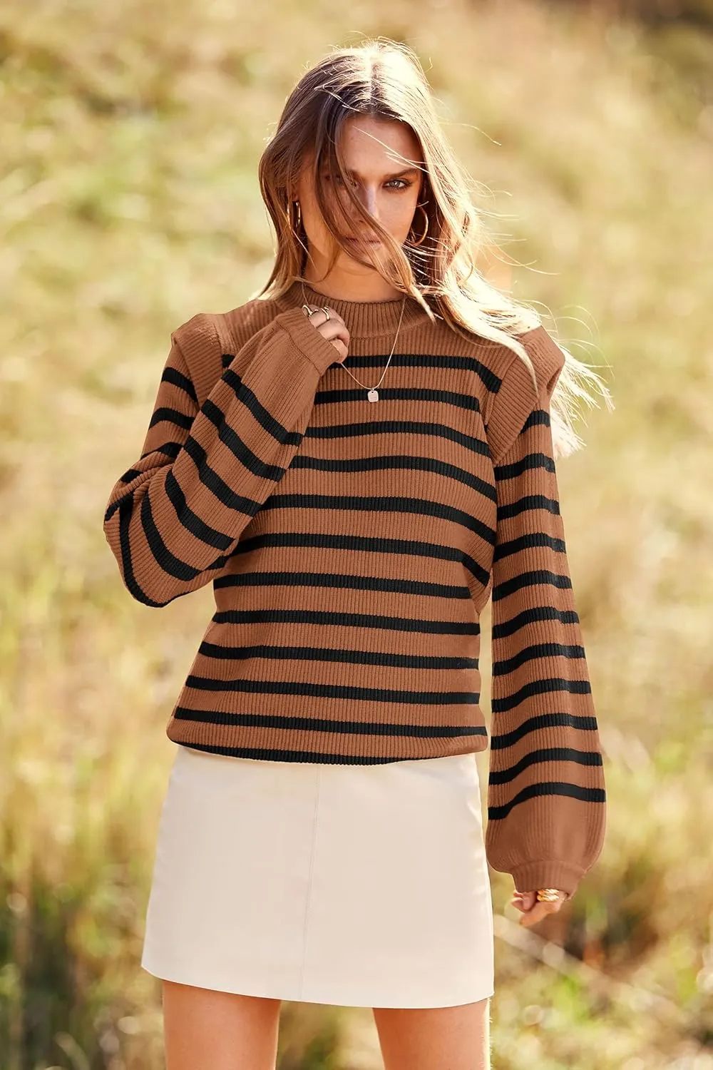 PRETTYGARDEN Women's Sweaters Casual Long Lantern Sleeve Crewneck Ribbed Knit Pullover Striped Jumper Tops Blouse
