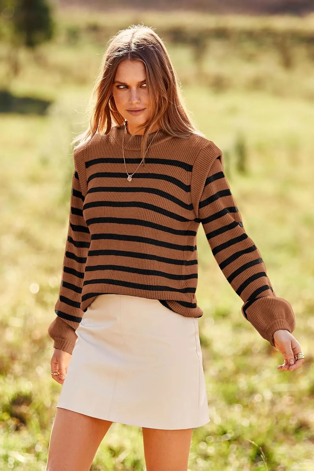 PRETTYGARDEN Women's Sweaters Casual Long Lantern Sleeve Crewneck Ribbed Knit Pullover Striped Jumper Tops Blouse
