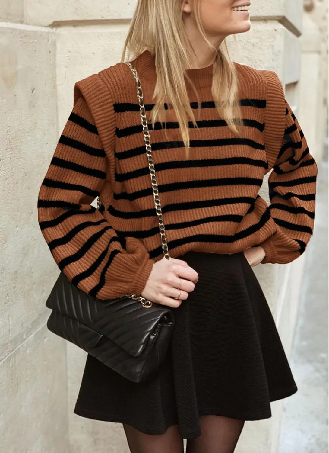 PRETTYGARDEN Women's Sweaters Casual Long Lantern Sleeve Crewneck Ribbed Knit Pullover Striped Jumper Tops Blouse