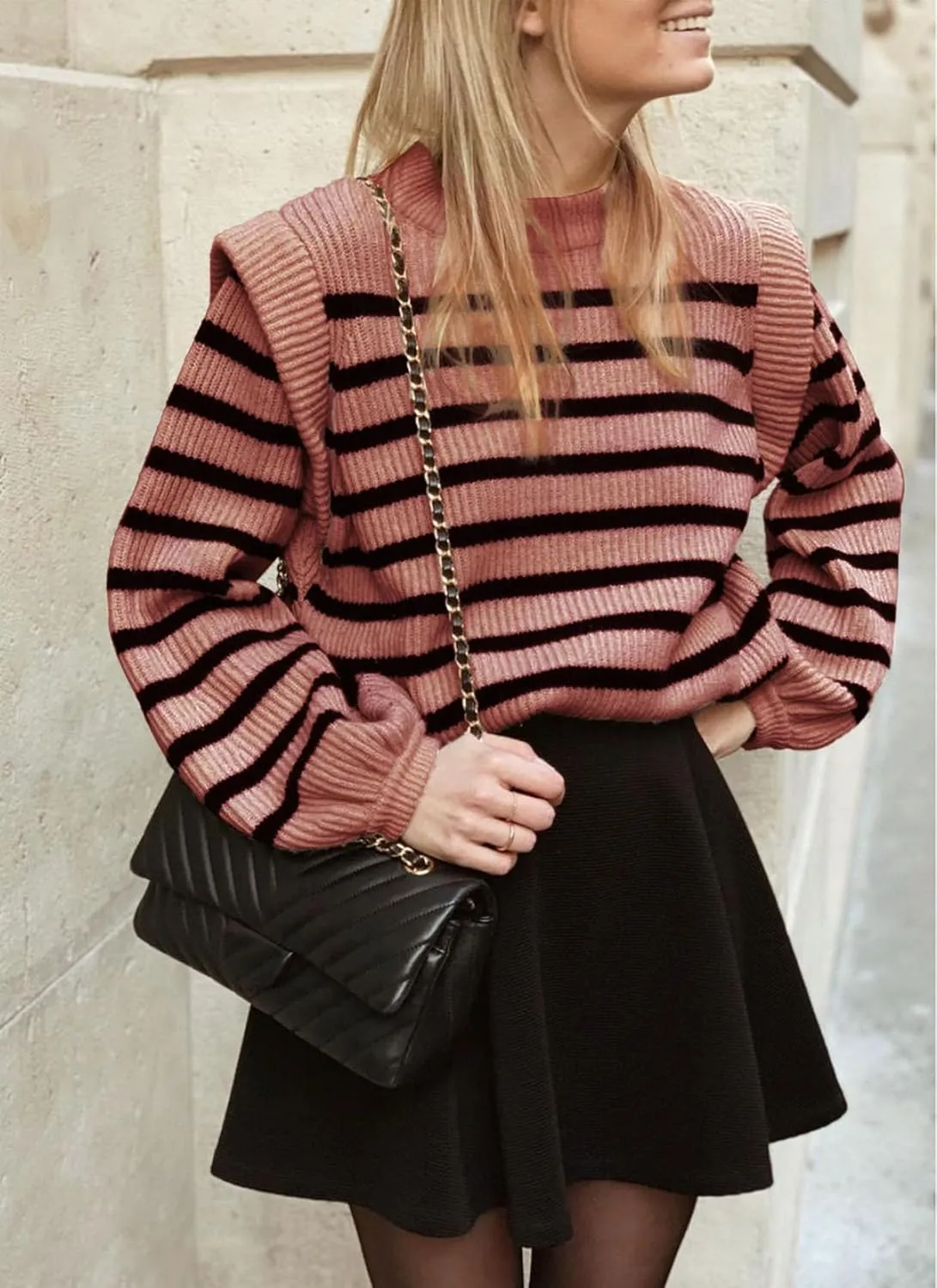 PRETTYGARDEN Women's Sweaters Casual Long Lantern Sleeve Crewneck Ribbed Knit Pullover Striped Jumper Tops Blouse