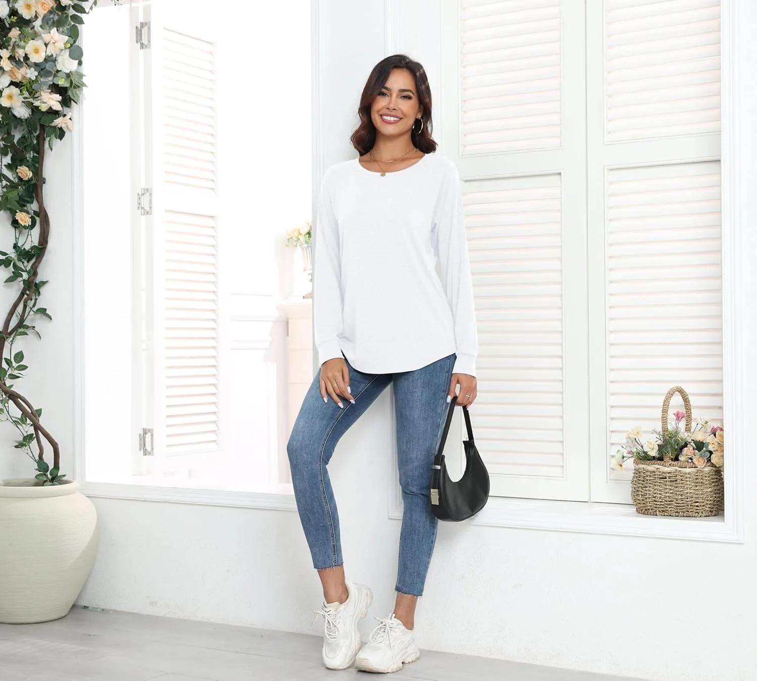 PRIMODA Women's Loose Fit Raglan Long Sleeve Shirts Round Neck Tunic Tops Curved Hem Long T Shirt