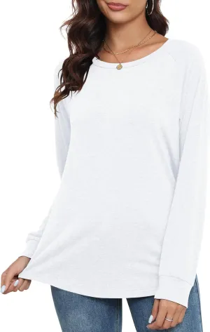 PRIMODA Women's Loose Fit Raglan Long Sleeve Shirts Round Neck Tunic Tops Curved Hem Long T Shirt