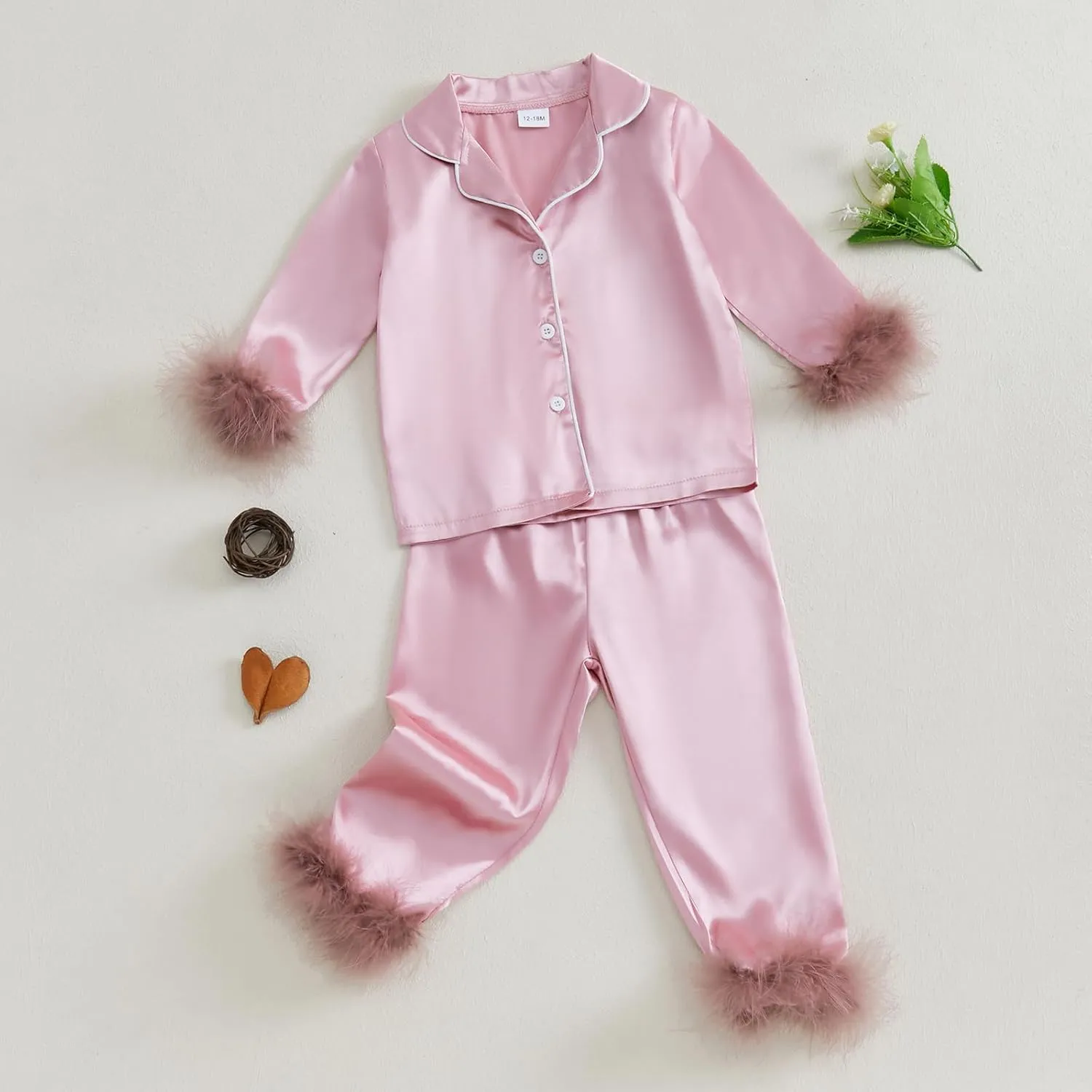 Qiylii 2-Piece Baby Girl Satin Pajamas Feather Trim Button-Up Pajamas Sleeper Silk Shirt Pant Toddler Long Pajamas Nightgown