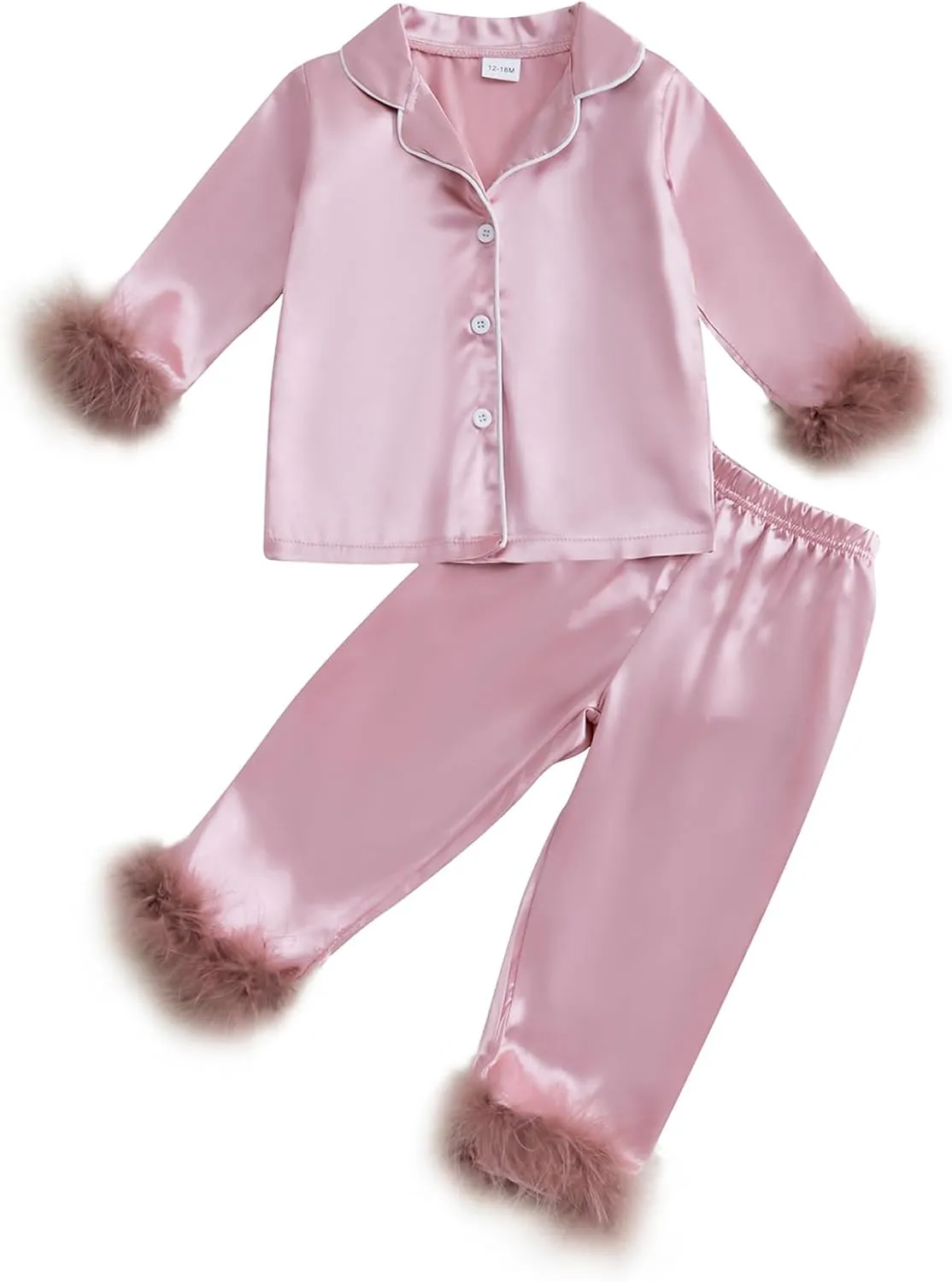Qiylii 2-Piece Baby Girl Satin Pajamas Feather Trim Button-Up Pajamas Sleeper Silk Shirt Pant Toddler Long Pajamas Nightgown