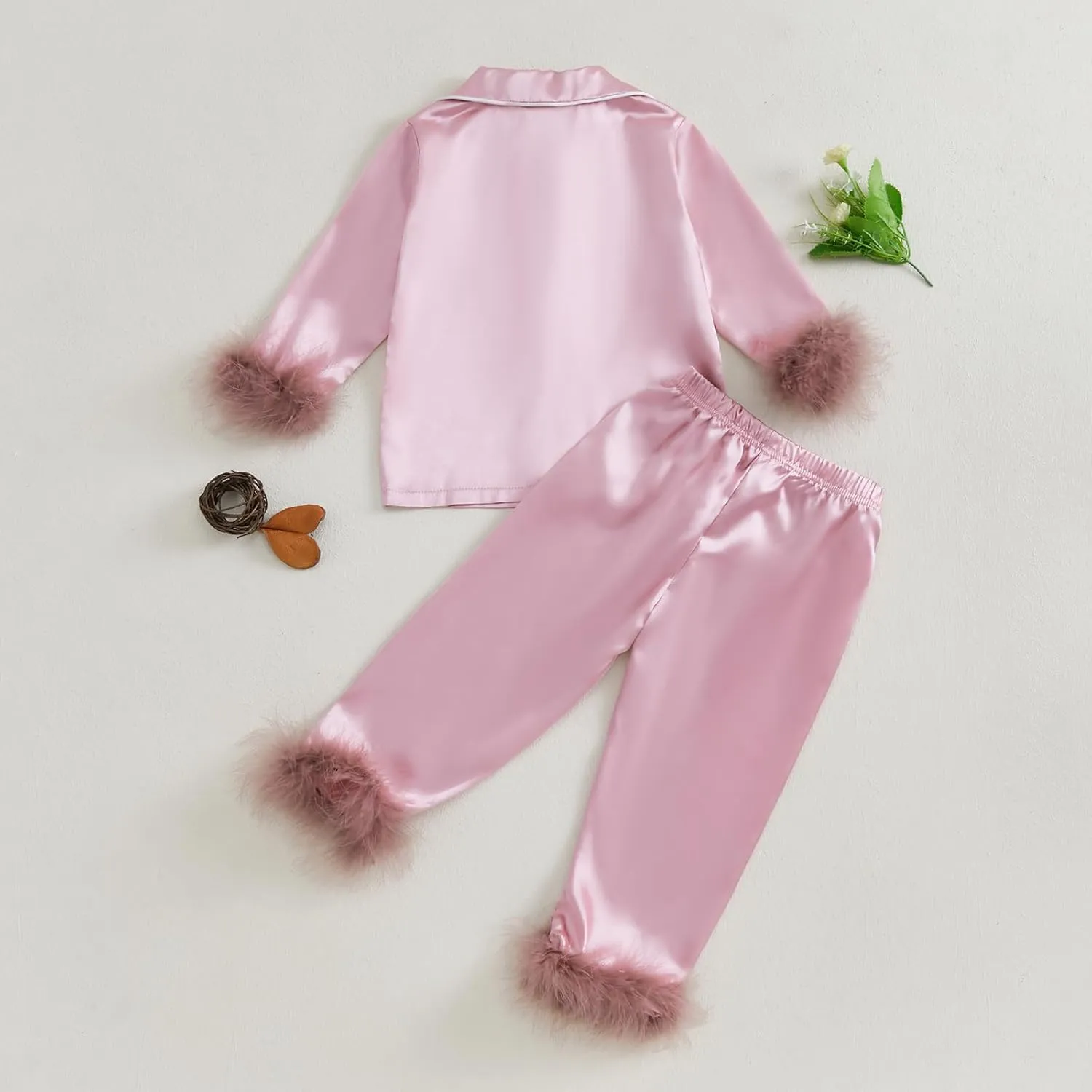 Qiylii 2-Piece Baby Girl Satin Pajamas Feather Trim Button-Up Pajamas Sleeper Silk Shirt Pant Toddler Long Pajamas Nightgown