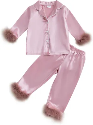 Qiylii 2-Piece Baby Girl Satin Pajamas Feather Trim Button-Up Pajamas Sleeper Silk Shirt Pant Toddler Long Pajamas Nightgown