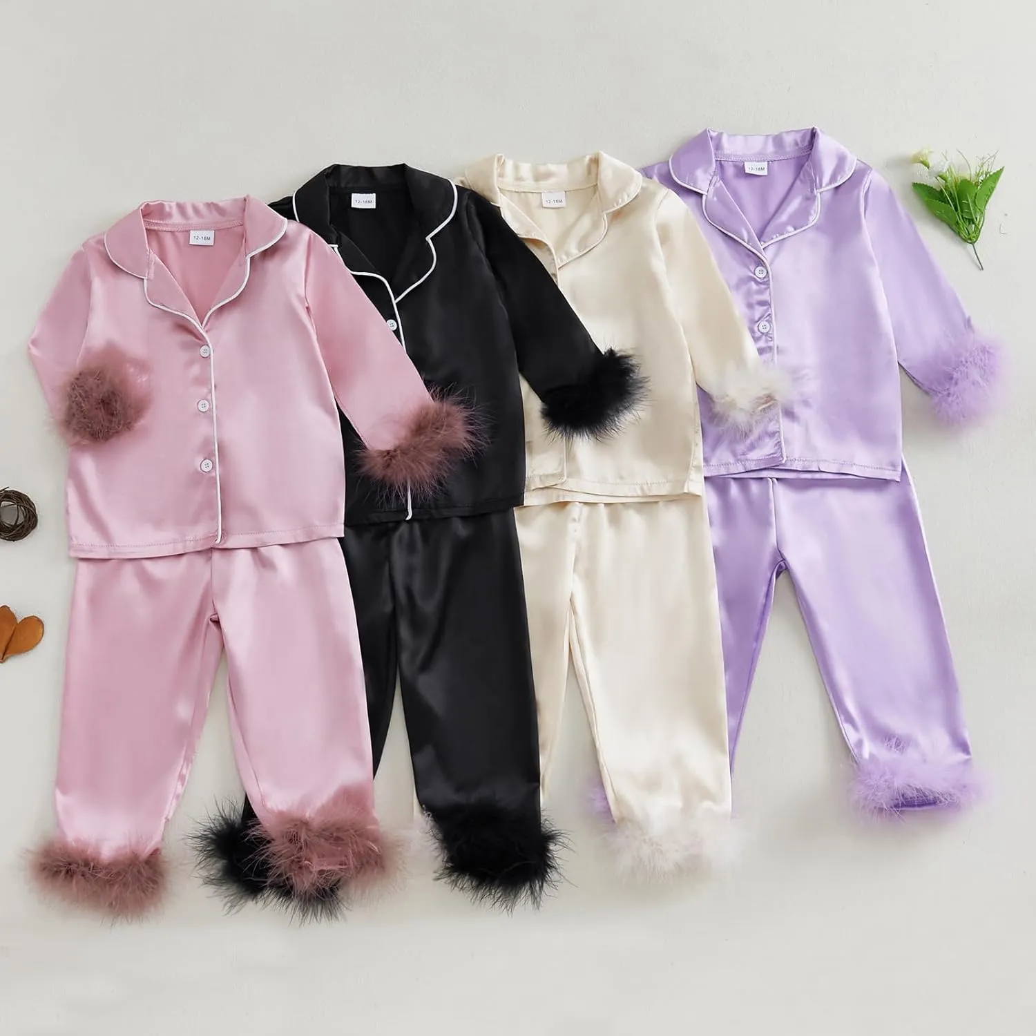Qiylii 2-Piece Baby Girl Satin Pajamas Feather Trim Button-Up Pajamas Sleeper Silk Shirt Pant Toddler Long Pajamas Nightgown